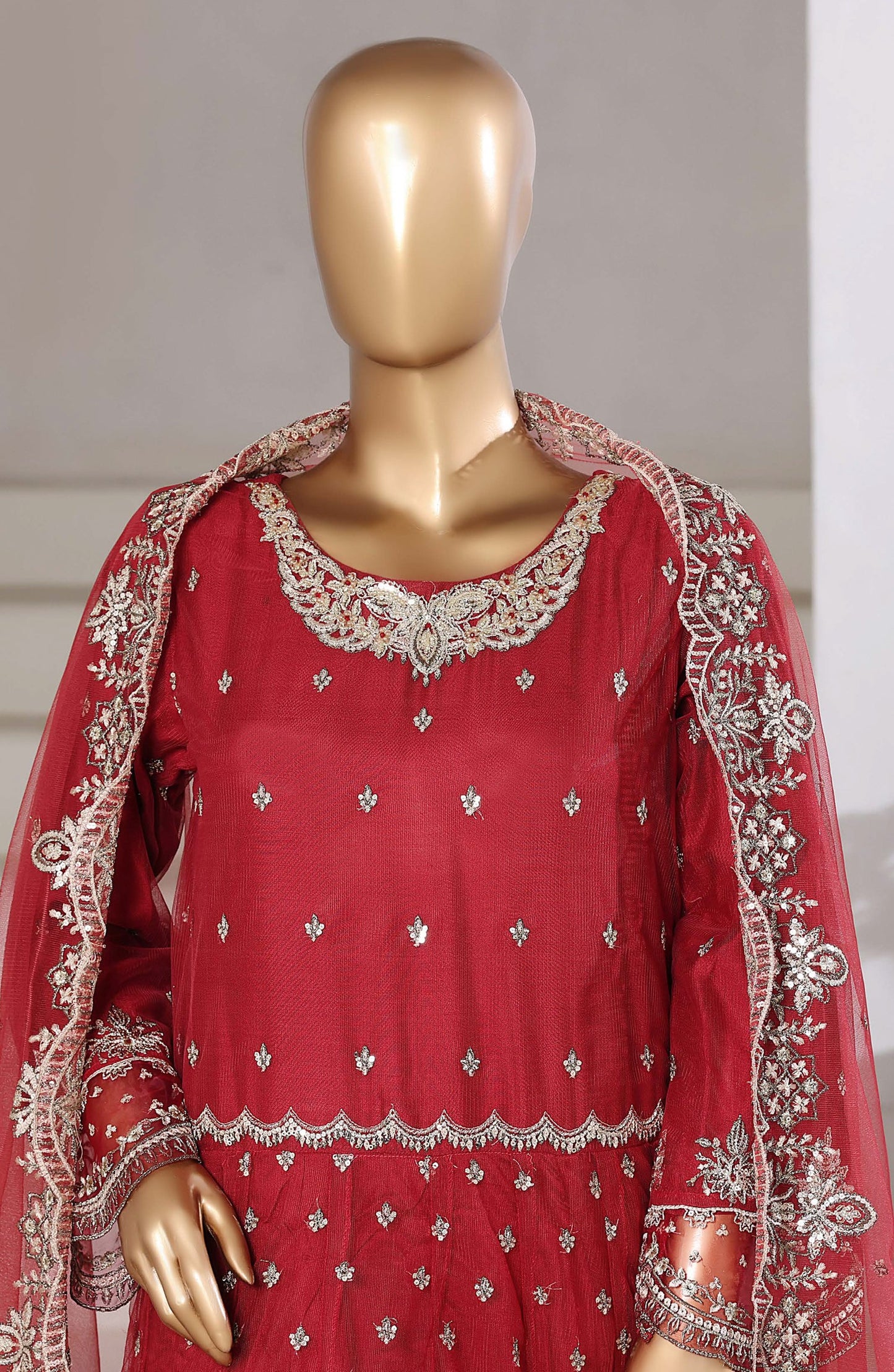 Mahpara by Sadabahar Embroidered Net Stitched 3 Piece Suit - Design-01 - SBD25PRLM - Red - Luxury Festive Collection