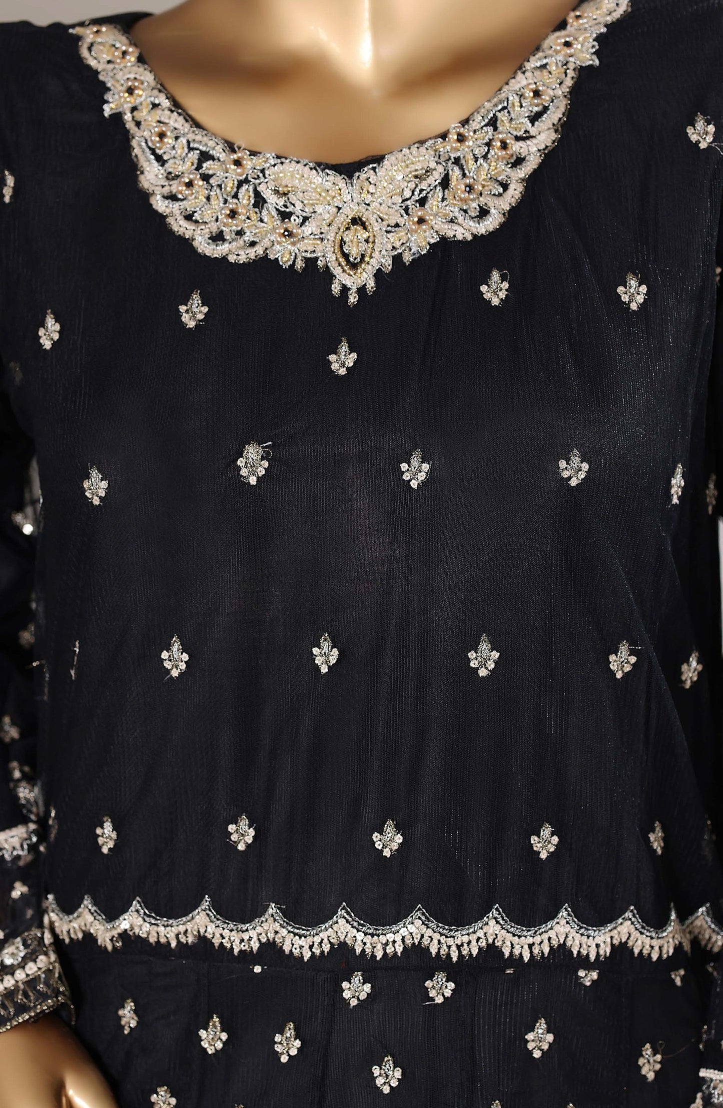 Mahpara by Sadabahar Embroidered Net Stitched 3 Piece Suit - Design-01 - SBD25PRLM - Black - Luxury Festive Collection