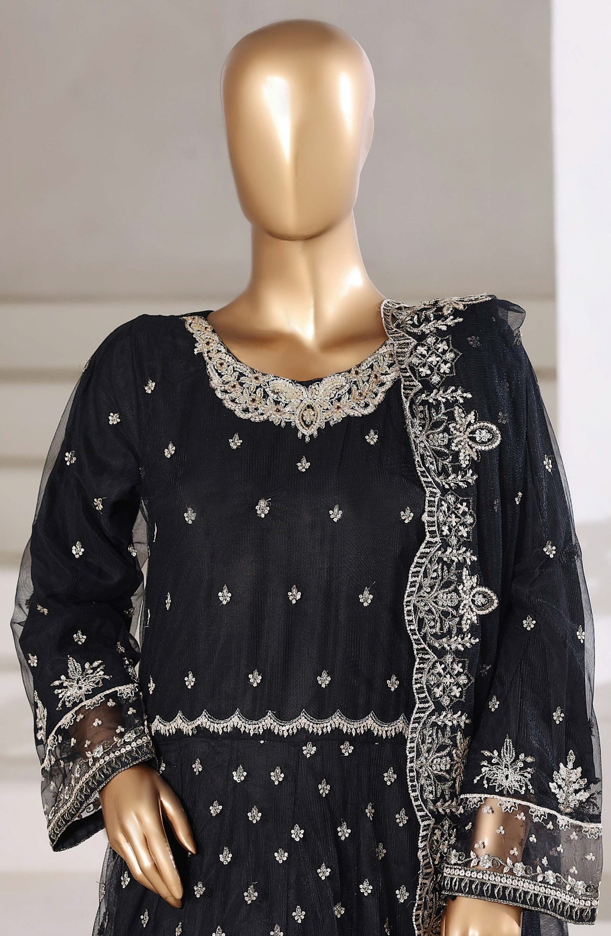 Mahpara by Sadabahar Embroidered Net Stitched 3 Piece Suit - Design-01 - SBD25PRLM - Black - Luxury Festive Collection