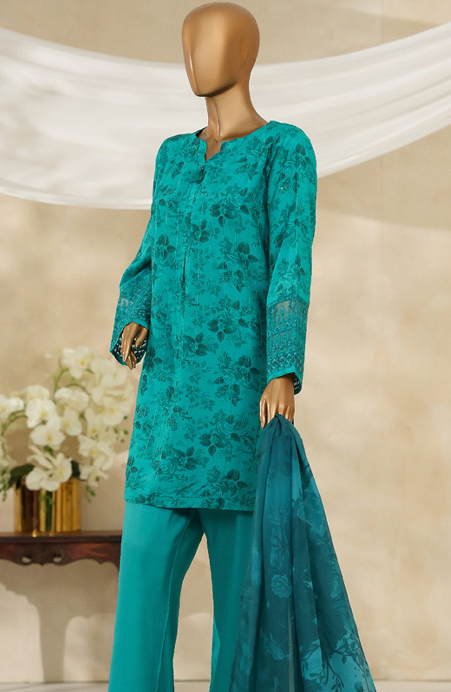 Majestic by HZ Textile Embroidered Silk Stitched 3 Piece Suit - PRE-114 - HZ25MJSL - Turquise - Formals Collection