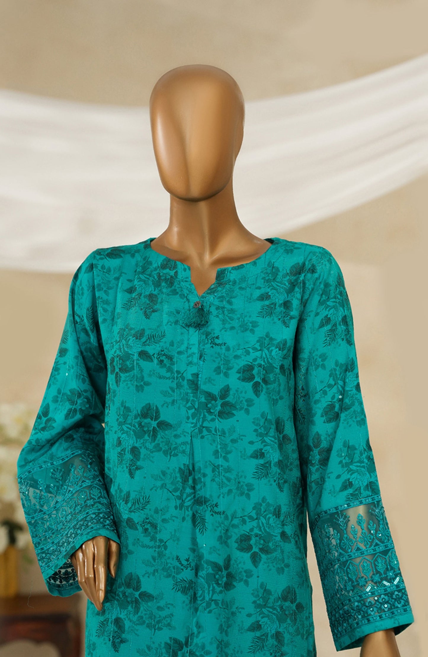 Majestic by HZ Textile Embroidered Silk Stitched 3 Piece Suit - PRE-114 - HZ25MJSL - Turquise - Formals Collection
