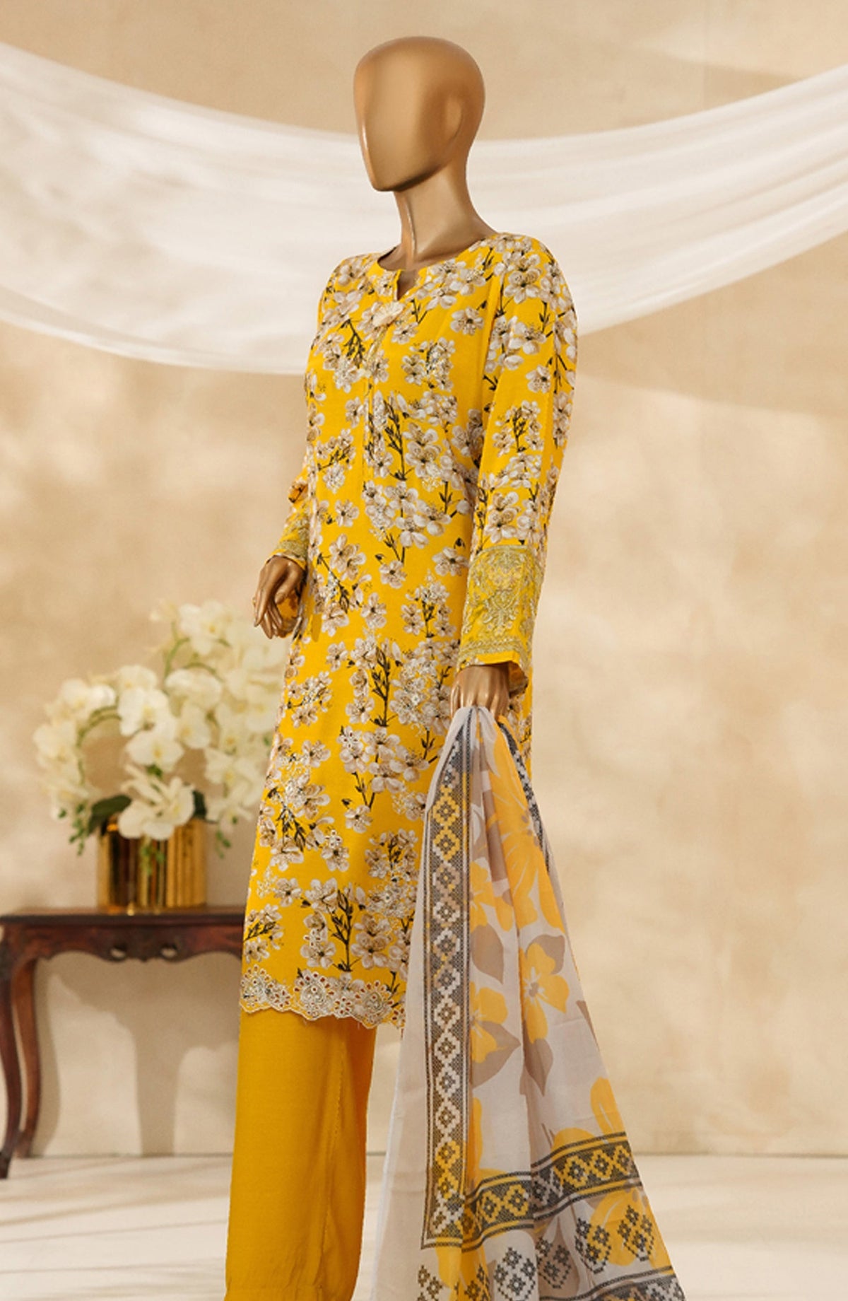 Majestic by HZ Textile Embroidered Silk Stitched 3 Piece Suit - PRE-112 - HZ25MJSL - Yellow Multi - Formals Collection