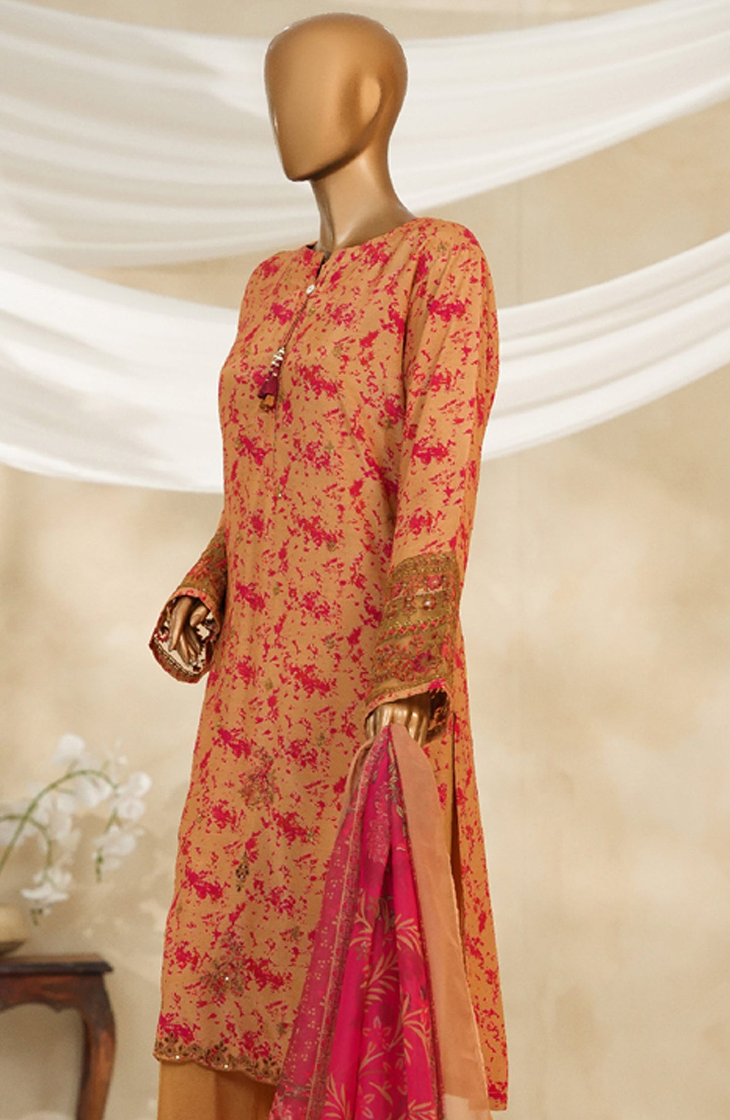 Majestic by HZ Textile Embroidered Silk Stitched 3 Piece Suit - PRE-110 - HZ25MJSL - Gold Maroon - Formals Collection