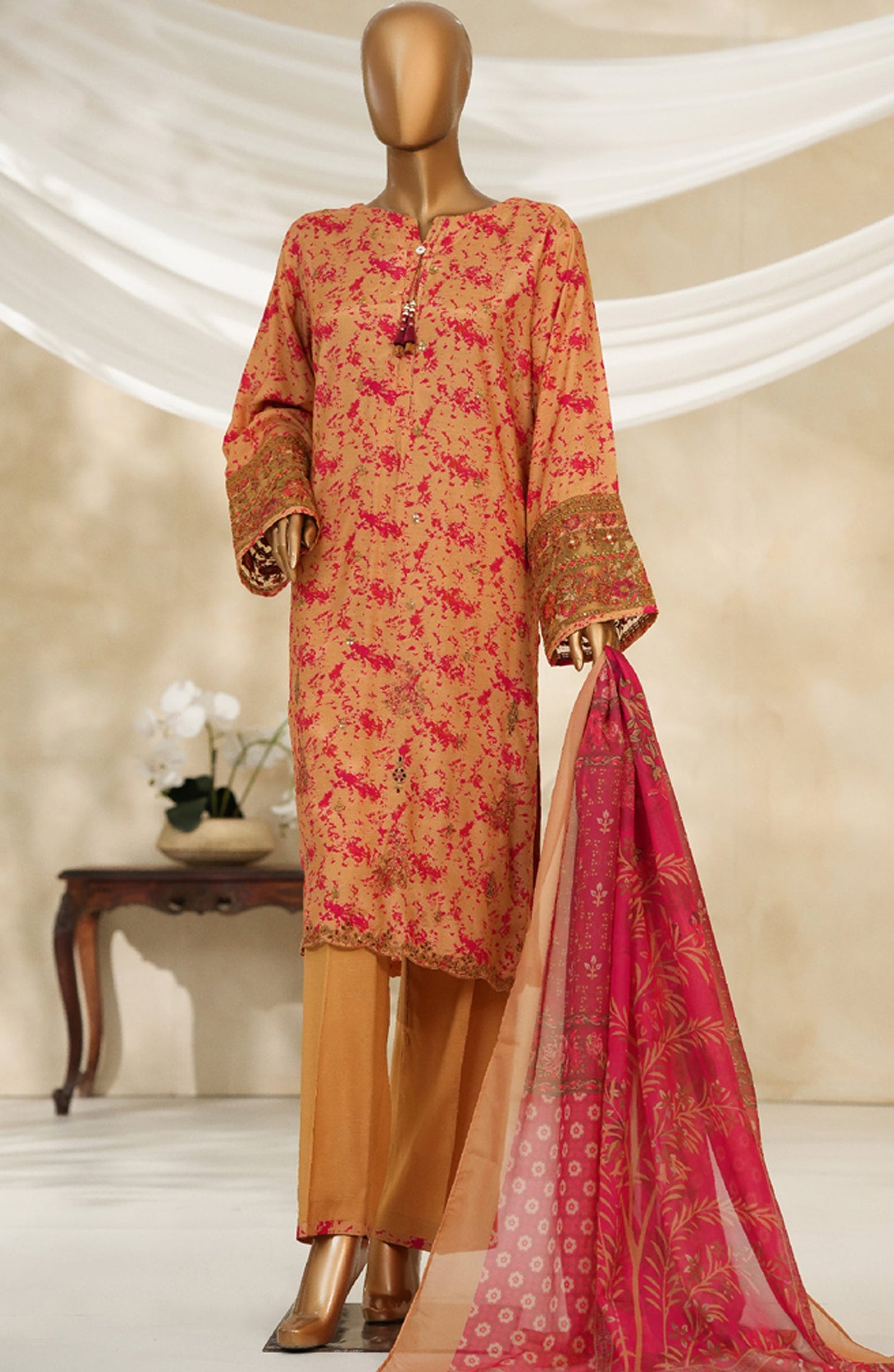 Majestic by HZ Textile Embroidered Silk Stitched 3 Piece Suit - PRE-110 - HZ25MJSL - Gold Maroon - Formals Collection