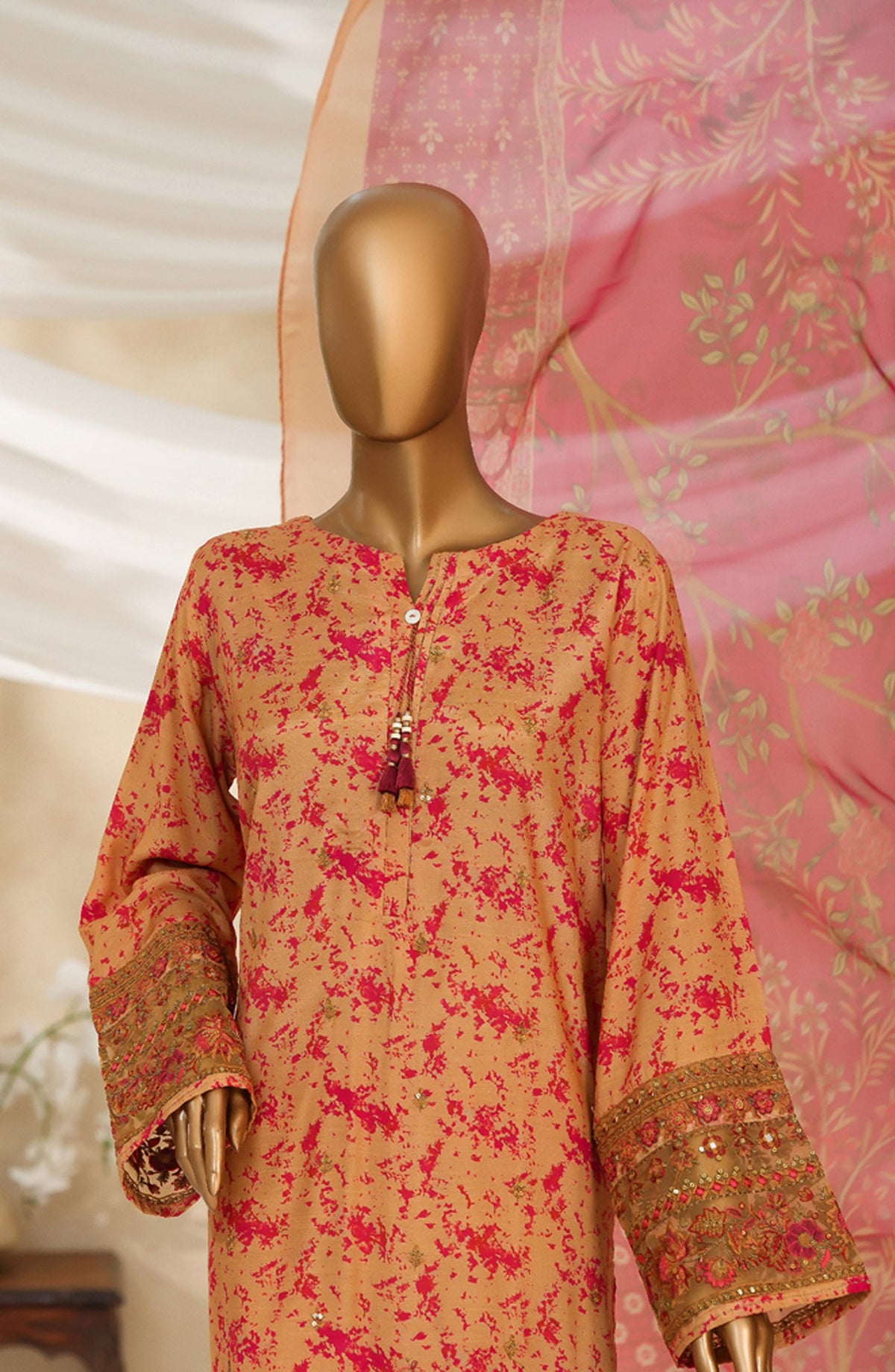 Majestic by HZ Textile Embroidered Silk Stitched 3 Piece Suit - PRE-110 - HZ25MJSL - Gold Maroon - Formals Collection
