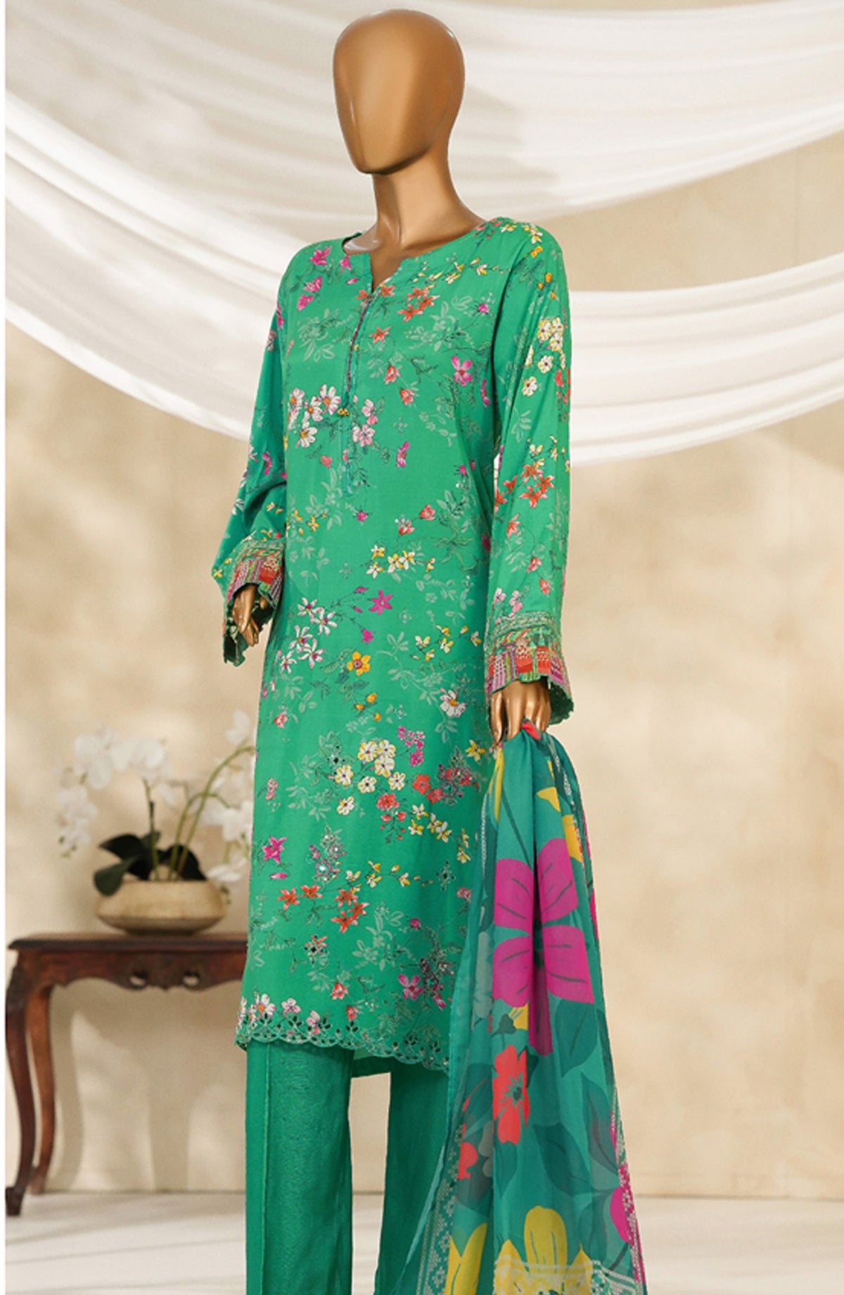 Majestic by HZ Textile Embroidered Silk Stitched 3 Piece Suit - PRE-109 - HZ25MJSL - Parrot Green - Formals Collection