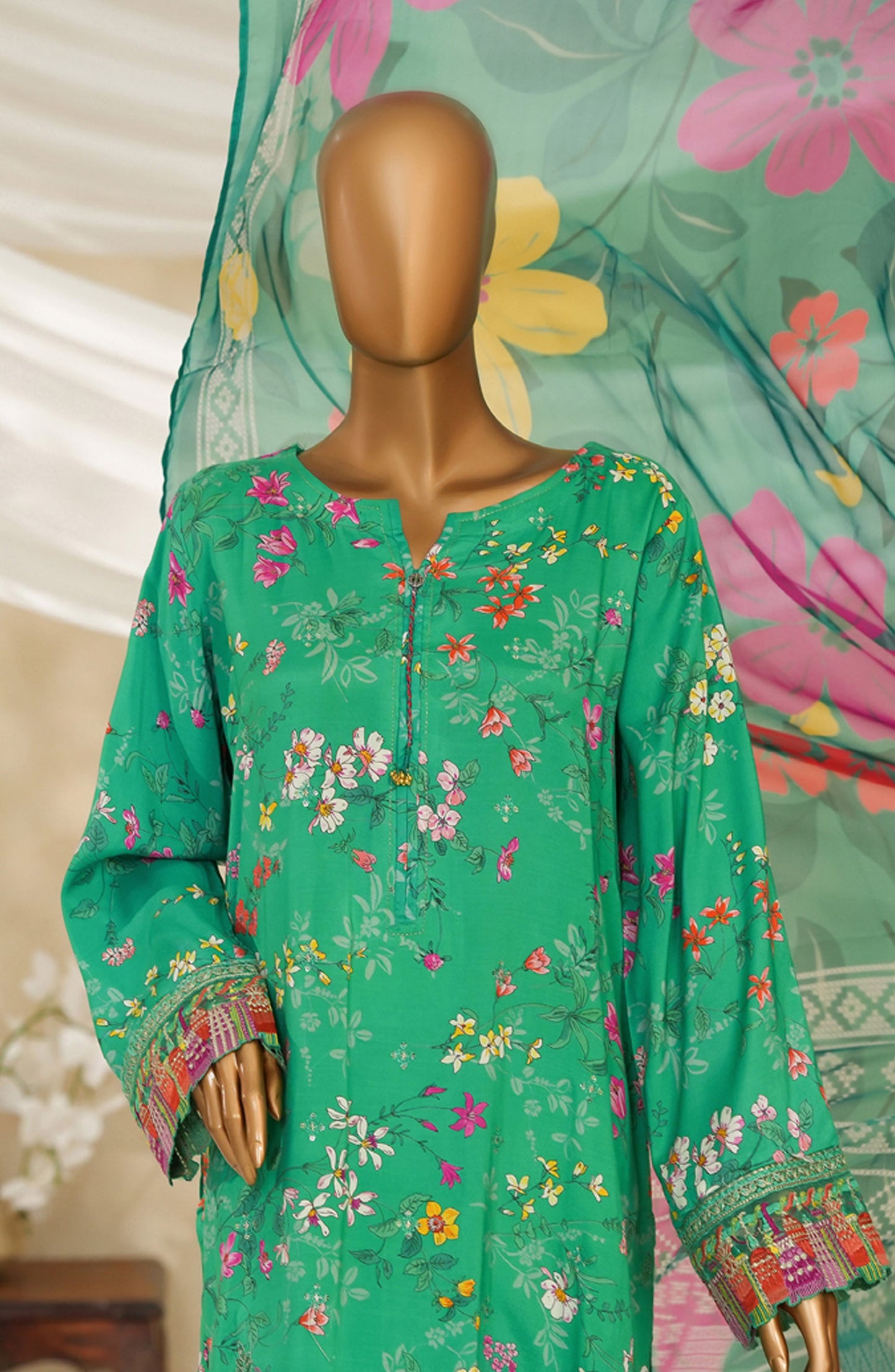 Majestic by HZ Textile Embroidered Silk Stitched 3 Piece Suit - PRE-109 - HZ25MJSL - Parrot Green - Formals Collection