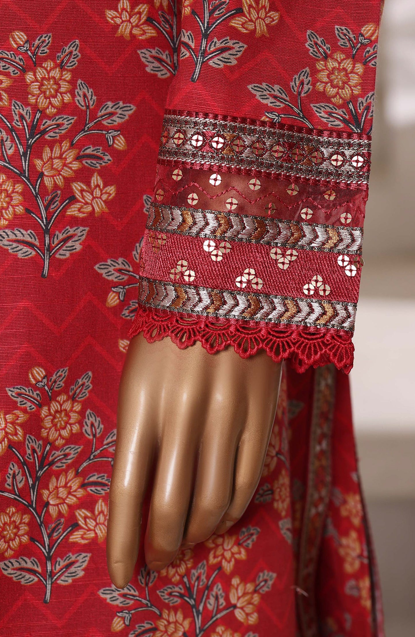 Malika by Sadabahar Embroidered Khaddar Stitched 3 Piece Suit - Design-03 - SBD25MLK - Red - Winter Collection