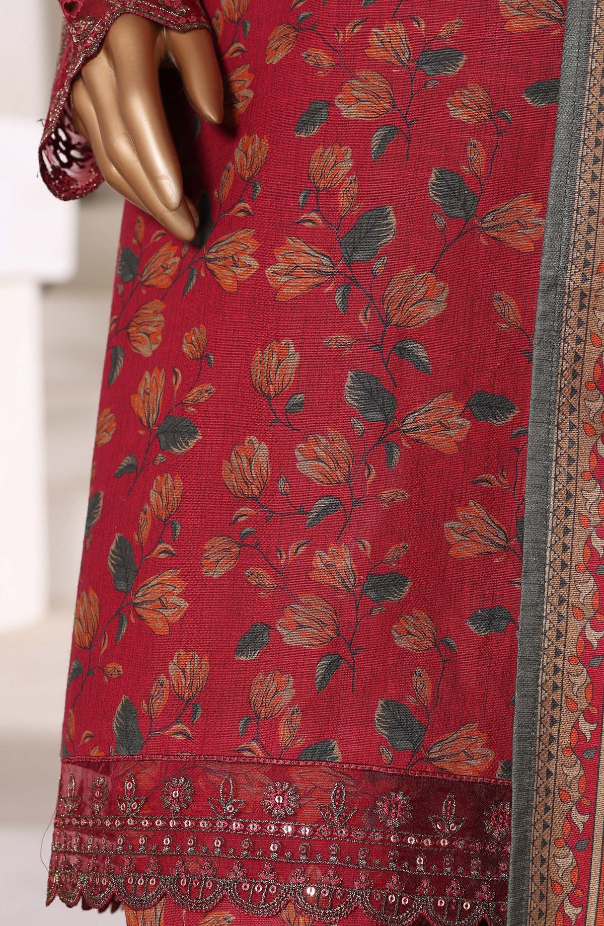Malika by Sadabahar Embroidered Khaddar Stitched 3 Piece Suit - Design-05 - SBD25MLK - Red - Winter Collection