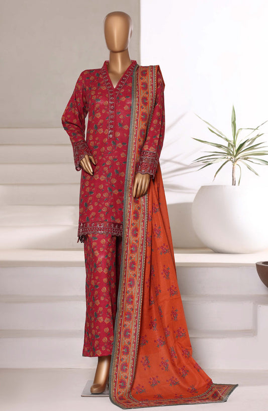 Malika by Sadabahar Embroidered Khaddar Stitched 3 Piece Suit - Design-05 - SBD25MLK - Red - Winter Collection