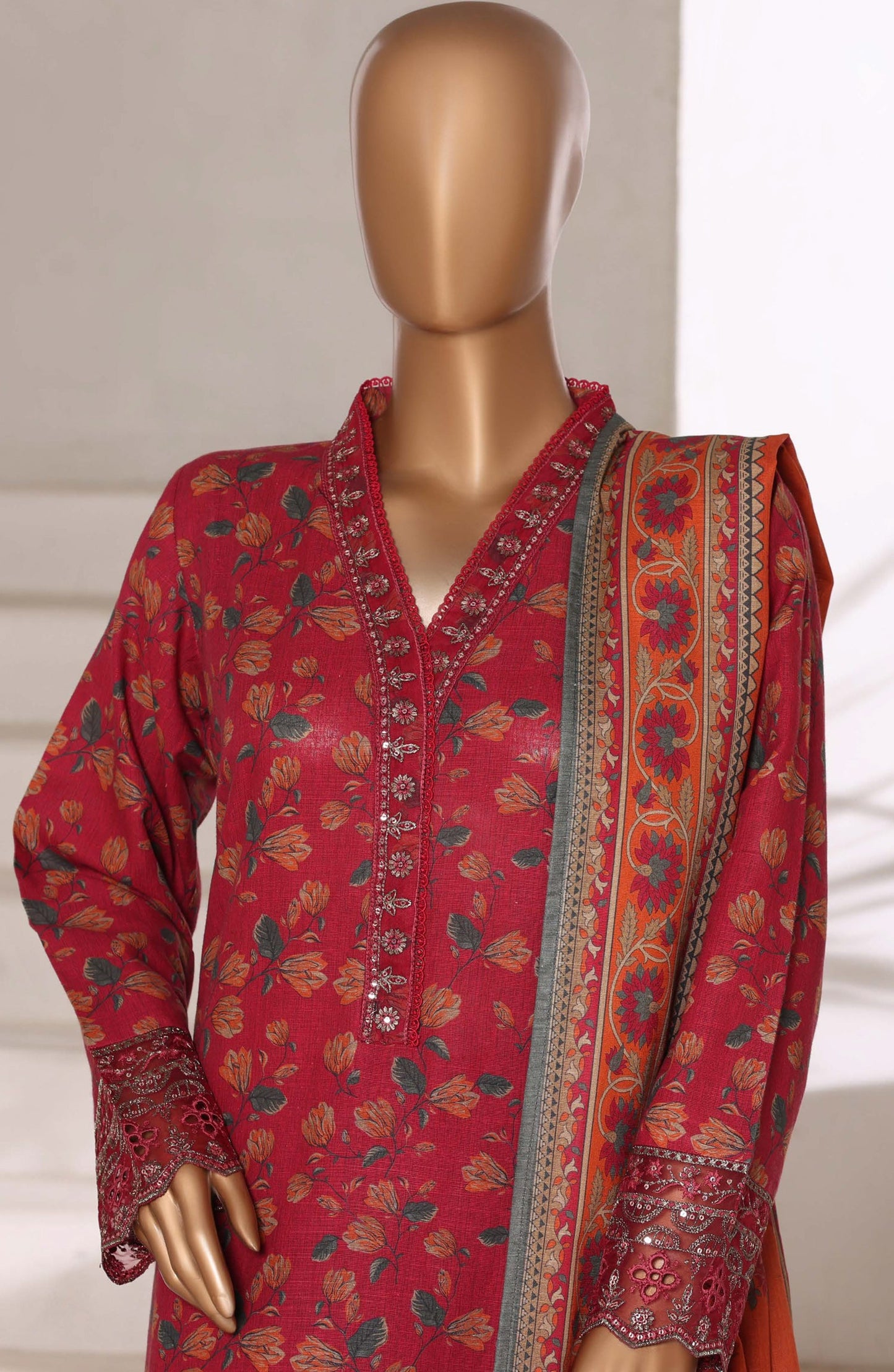 Malika by Sadabahar Embroidered Khaddar Stitched 3 Piece Suit - Design-05 - SBD25MLK - Red - Winter Collection