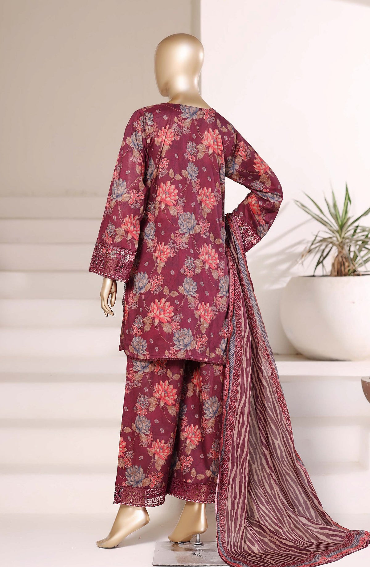 Malika by Sadabahar Embroidered Lawn Stitched 3 Piece Suit - D-01 - SBD26MLKA - Maroon - Festive Collection
