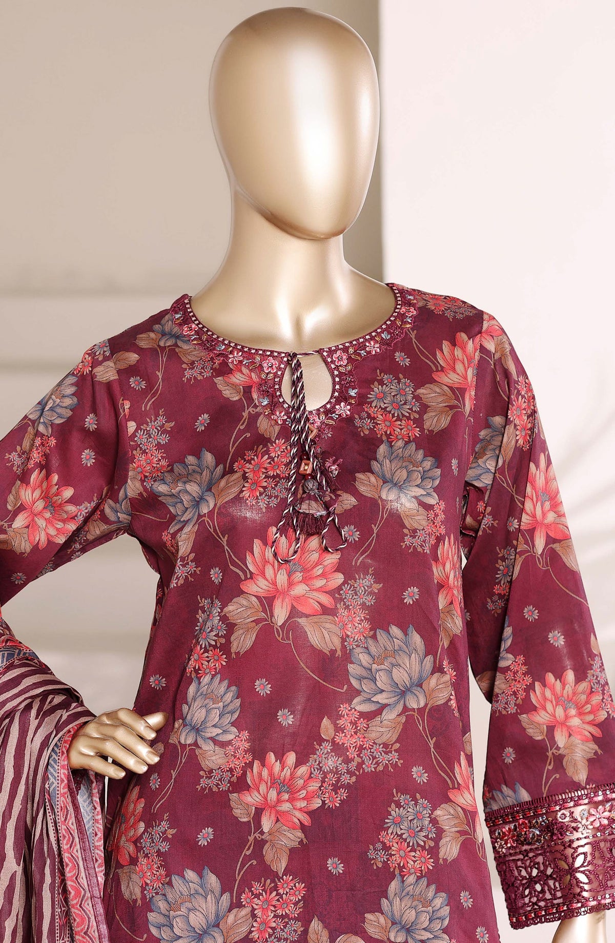 Malika by Sadabahar Embroidered Lawn Stitched 3 Piece Suit - D-01 - SBD26MLKA - Maroon - Festive Collection