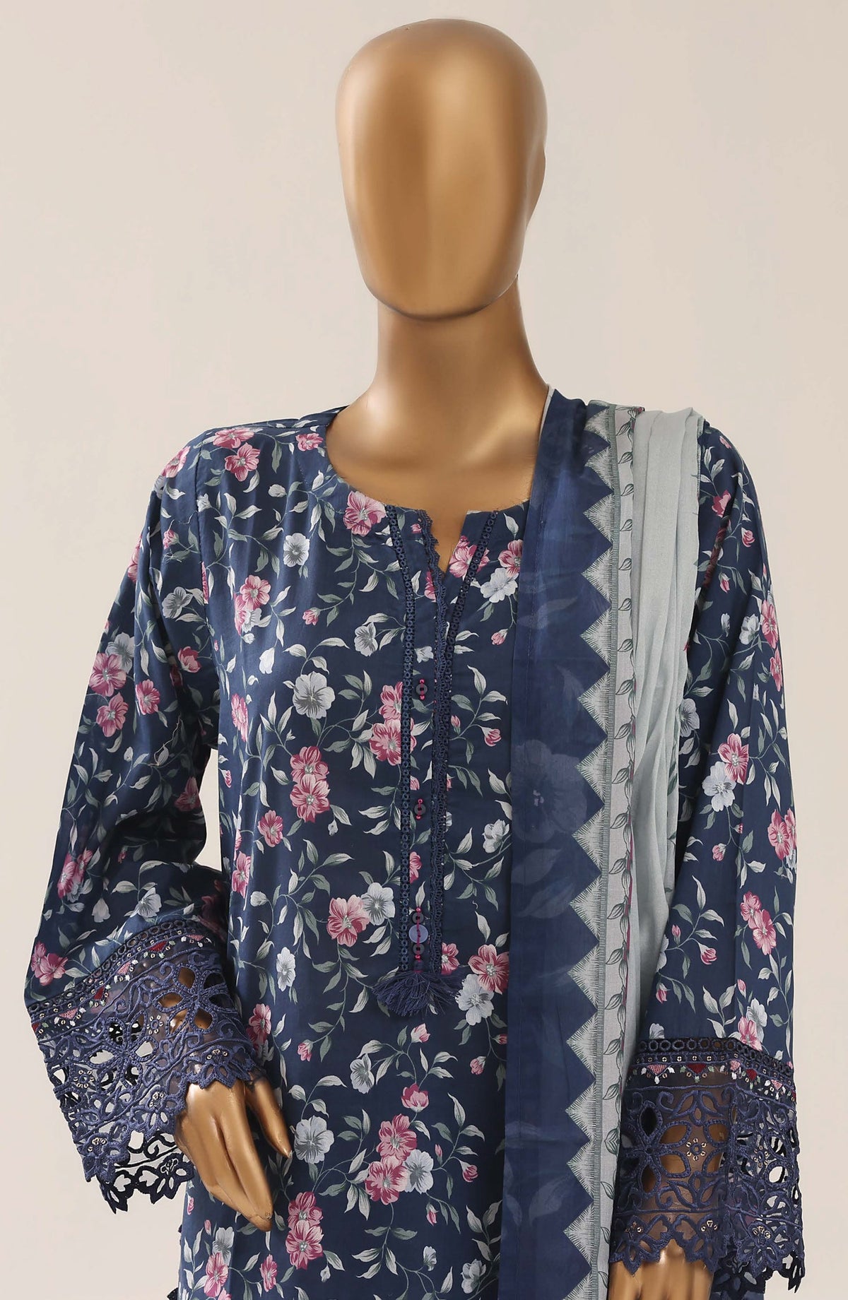 Malika by Sadabahar Embroidered Lawn Stitched 3 Piece Suit - D-04 - SBD26THR - Blue - Festive Collection