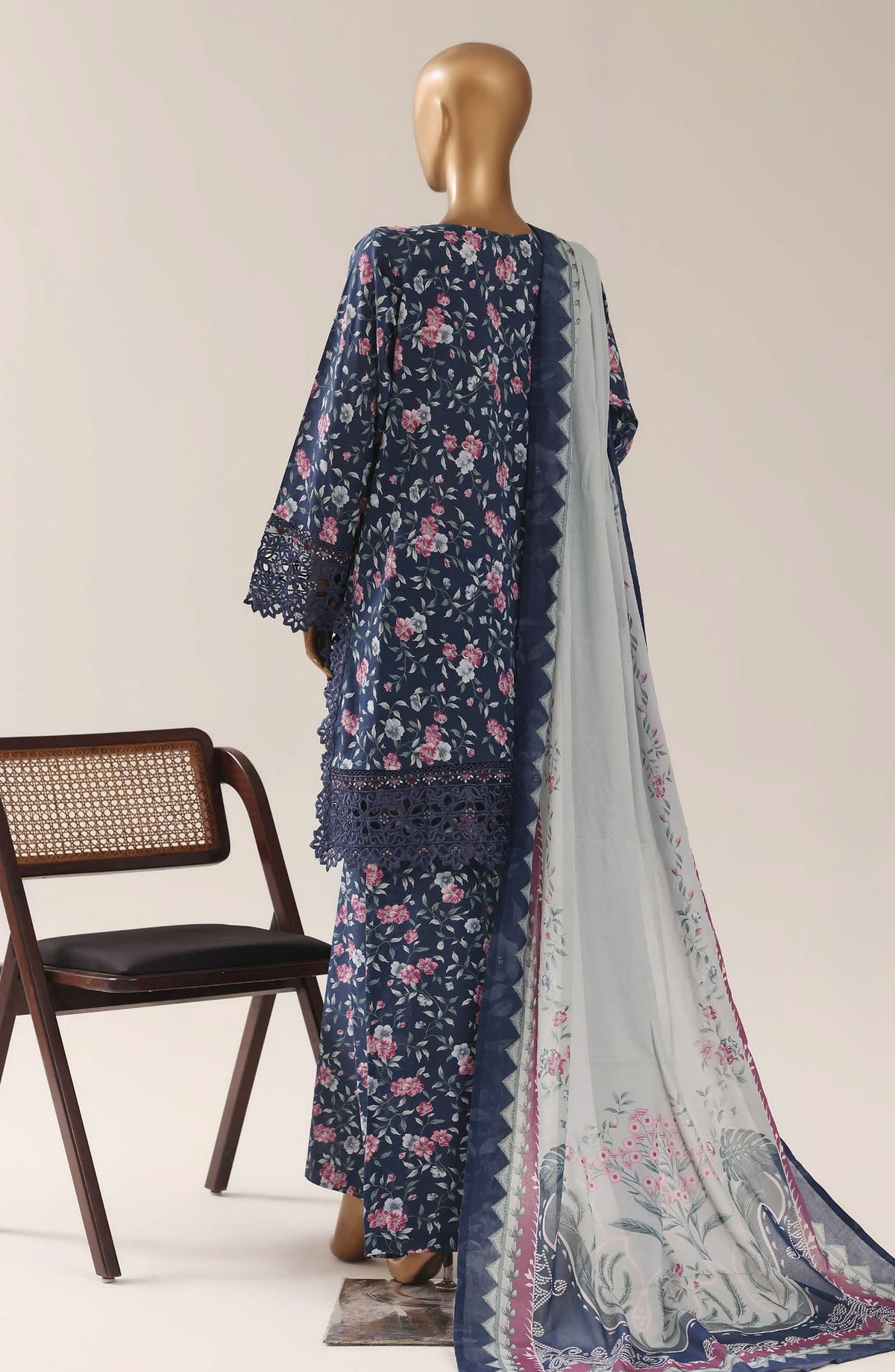 Malika by Sadabahar Embroidered Lawn Stitched 3 Piece Suit - D-04 - SBD26THR - Blue - Festive Collection