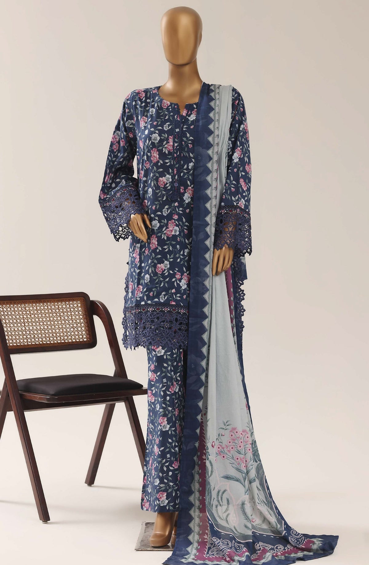 Malika by Sadabahar Embroidered Lawn Stitched 3 Piece Suit - D-04 - SBD26THR - Blue - Festive Collection