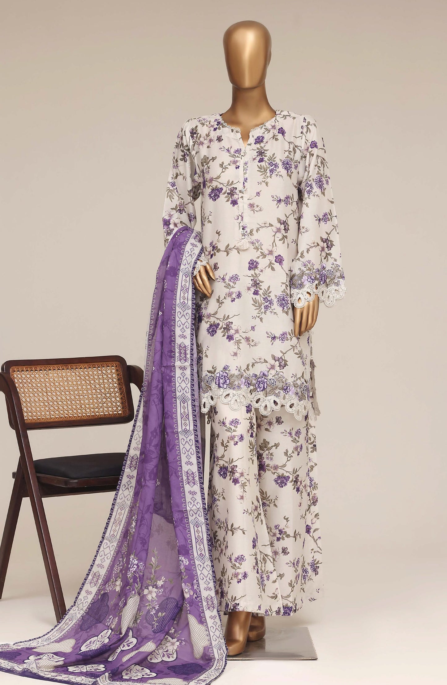 Malika by Sadabahar Embroidered Lawn Stitched 3 Piece Suit - D-04 - SBD26MFR - Purple - Festive Collection