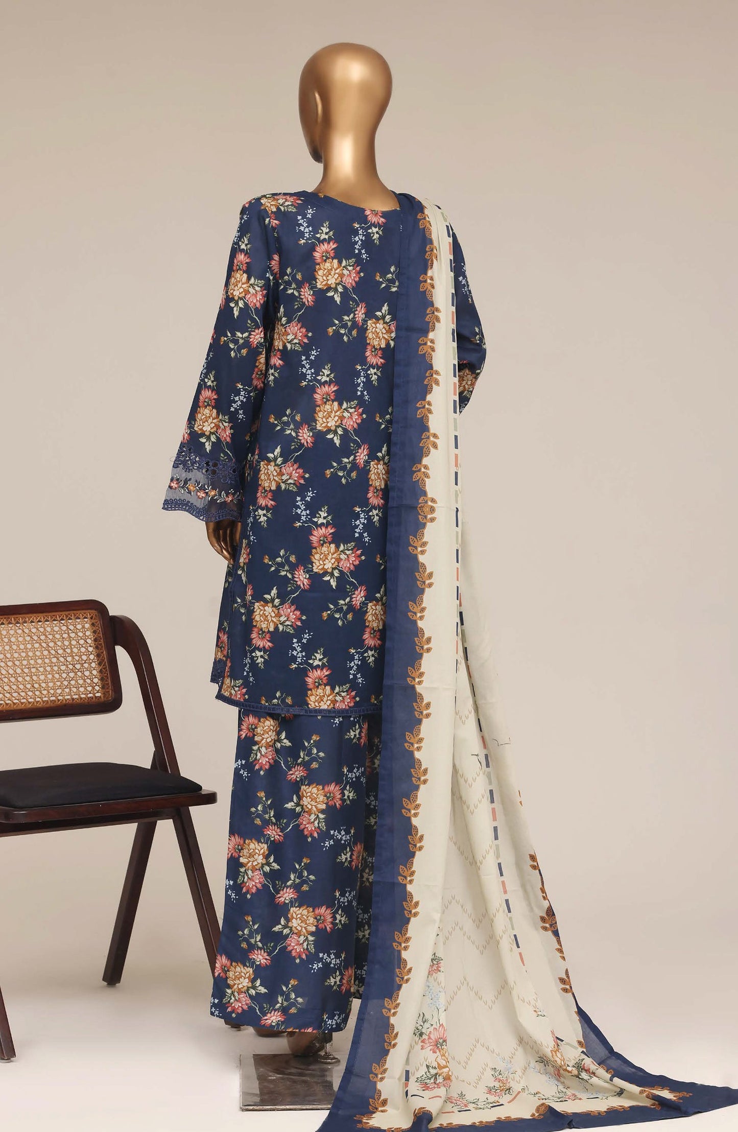 Malika by Sadabahar Embroidered Lawn Stitched 3 Piece Suit - D-03 - SBD26MFR - Blue - Festive Collection