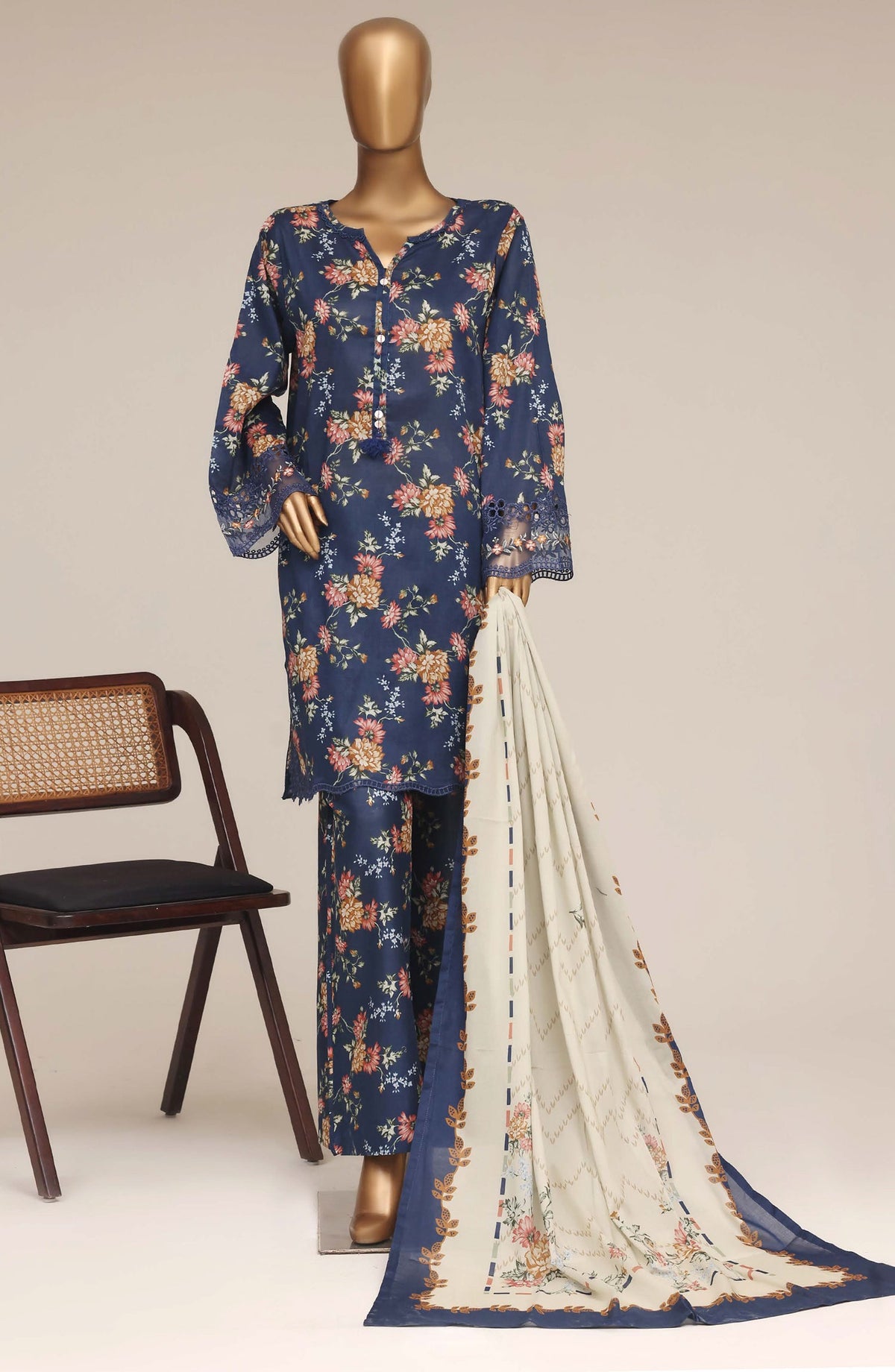 Malika by Sadabahar Embroidered Lawn Stitched 3 Piece Suit - D-03 - SBD26MFR - Blue - Festive Collection
