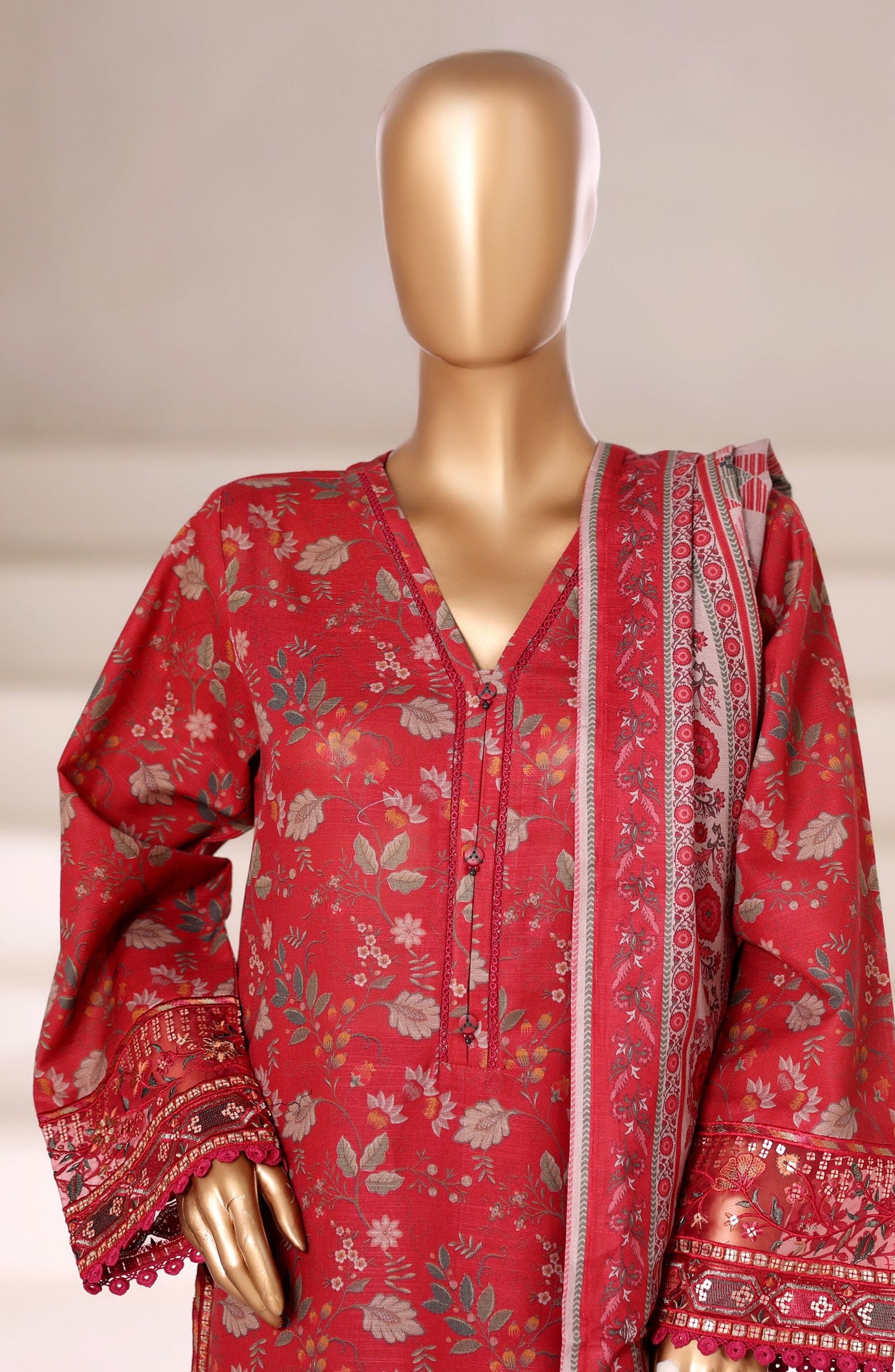 Malika by Sadabahar Embroidered Khaddar Stitched 3 Piece Suit - Design-05 - SBD252KA - Red - Winter Collection