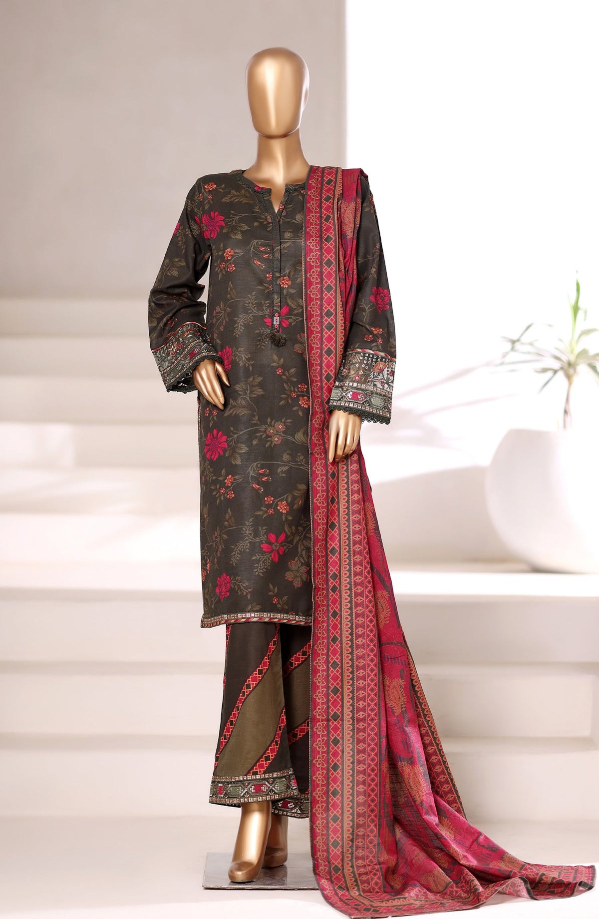 Malika by Sadabahar Embroidered Khaddar Stitched 3 Piece Suit - Design-02 - SBD252KA - Brown - Winter Collection