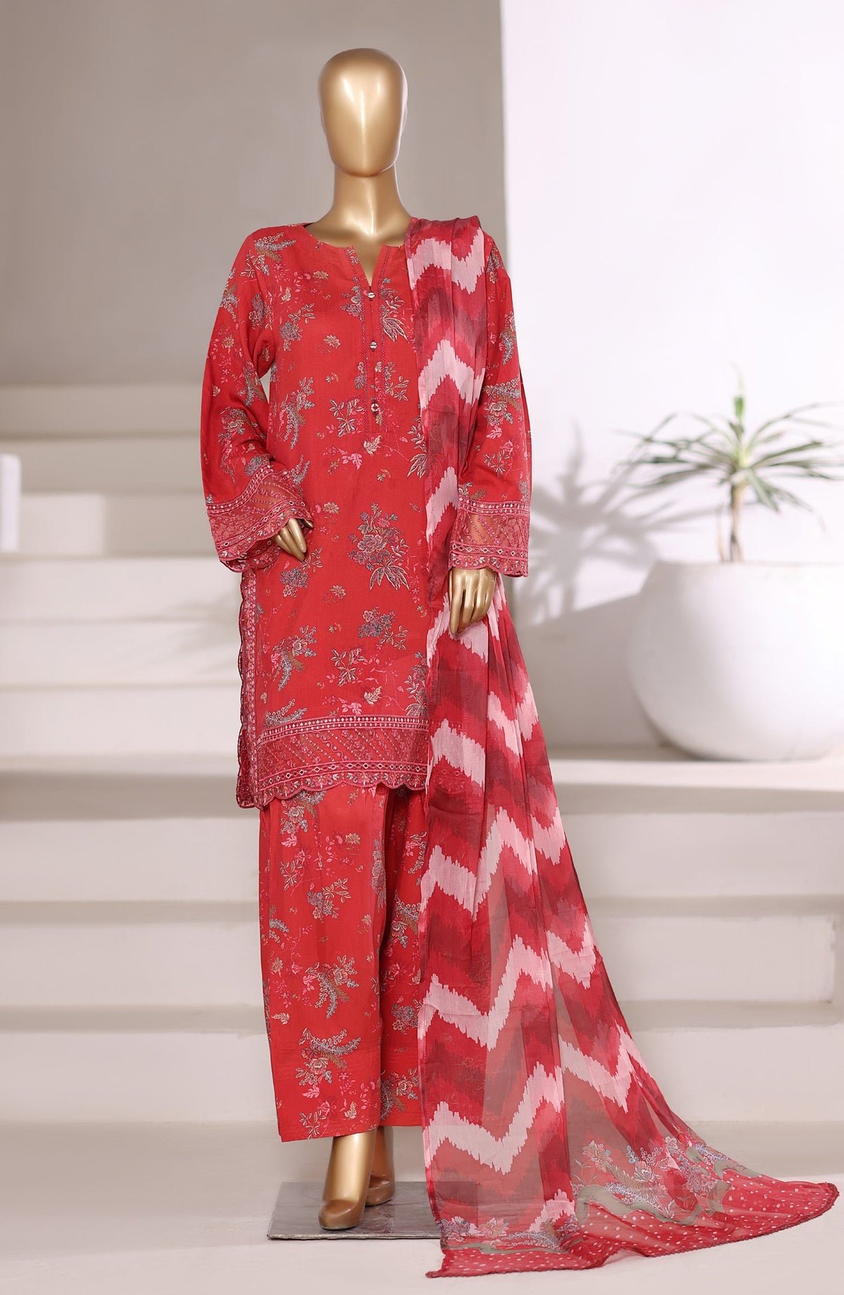 Malika by Sadabahar Embroidered Viscose Stitched 3 Piece Suit - D-03 - SBD25VFR - Red - Winter Collection