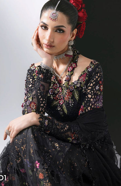 Maria B Luxury Embroidered Organza Unstitched 3 Piece Suit - D1 - MB26WED - Black - Wedding Collection
