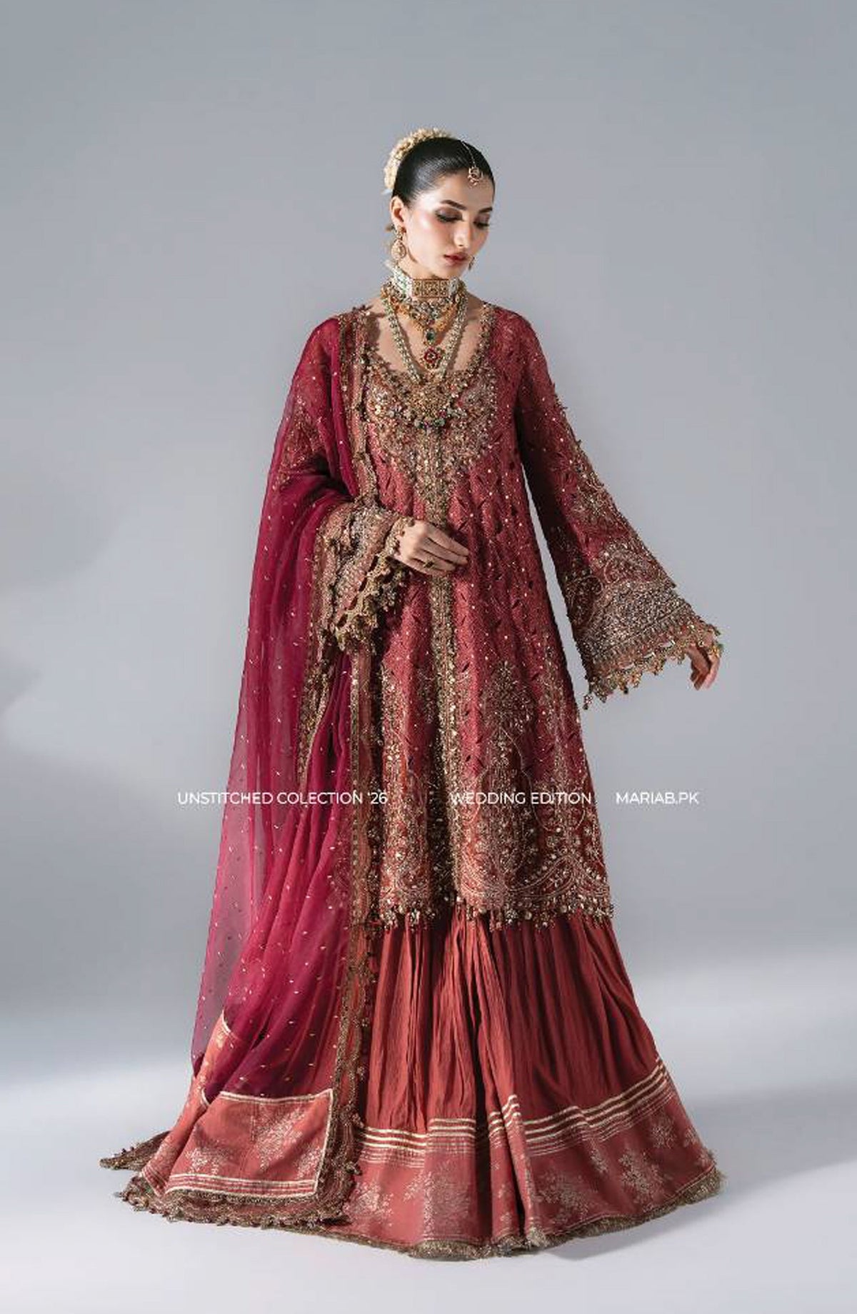 Maria B Luxury Embroidered Organza Unstitched 3 Piece Suit - D8 - MB26WED - Pink Red - Wedding Collection