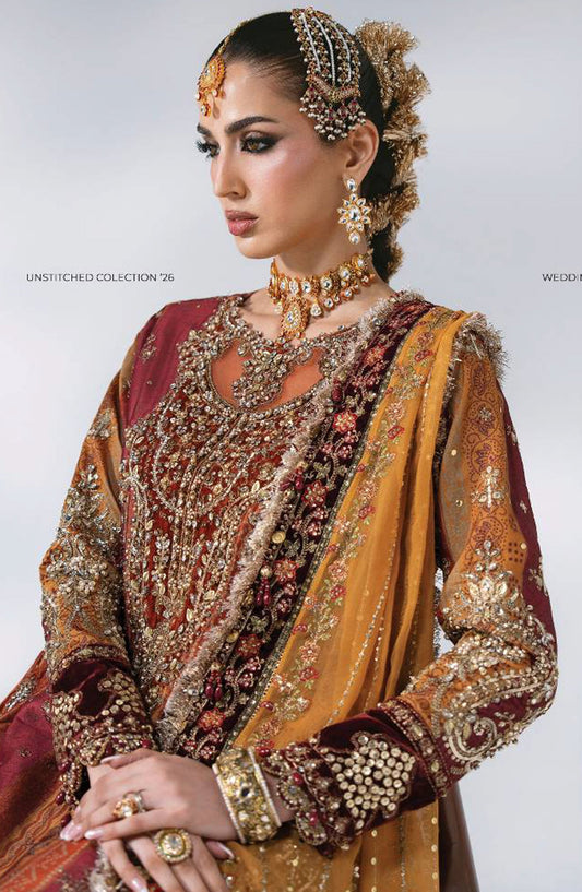 Maria B Luxury Embroidered Velvet Unstitched 3 Piece Suit - D4 - MB26WED - Multi - Wedding Collection