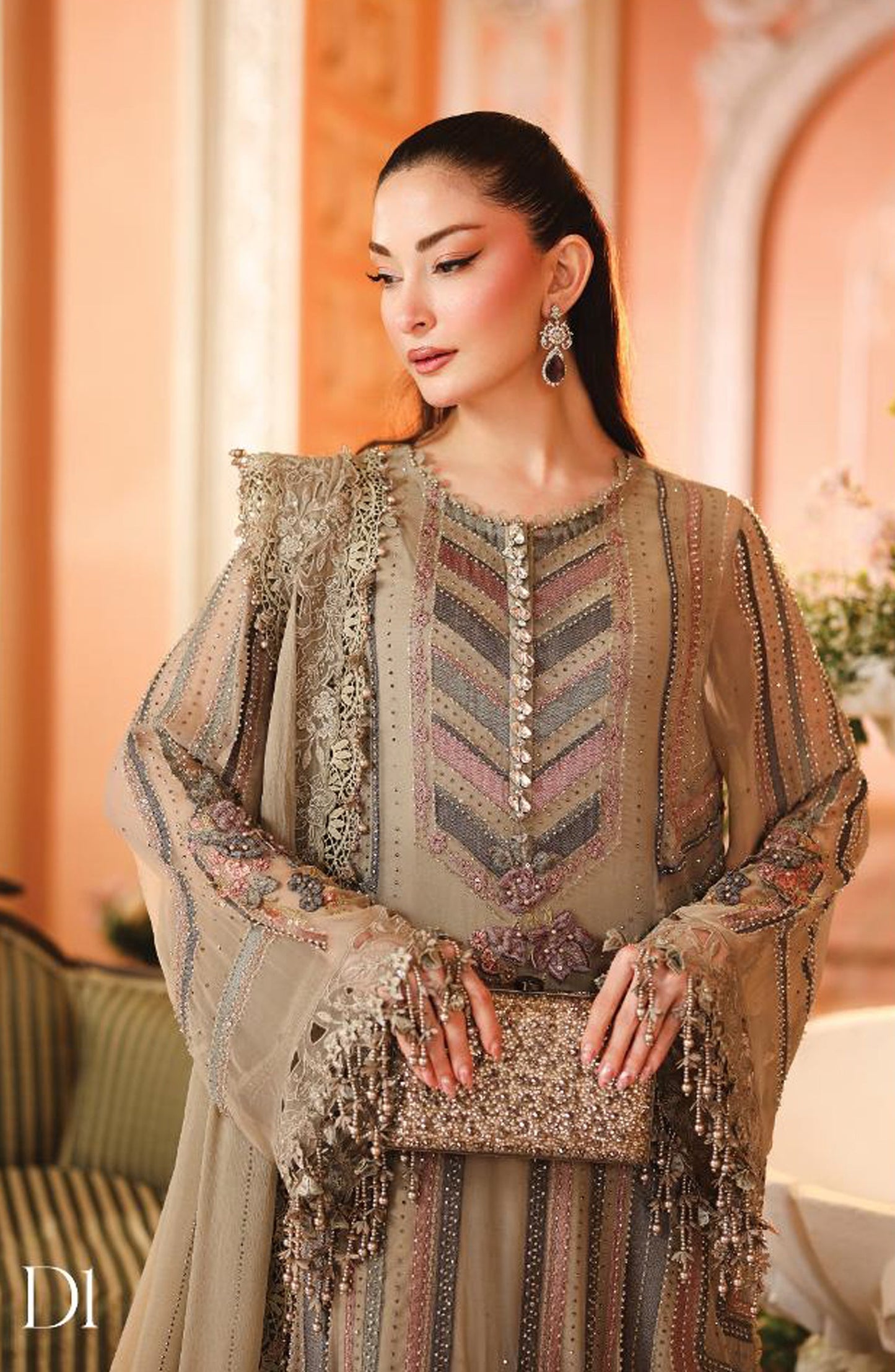 Maria B Embroidered Chiffon Unstitched 3 Piece Suit - D1 - MB26HNS - Beige - Festive Collection