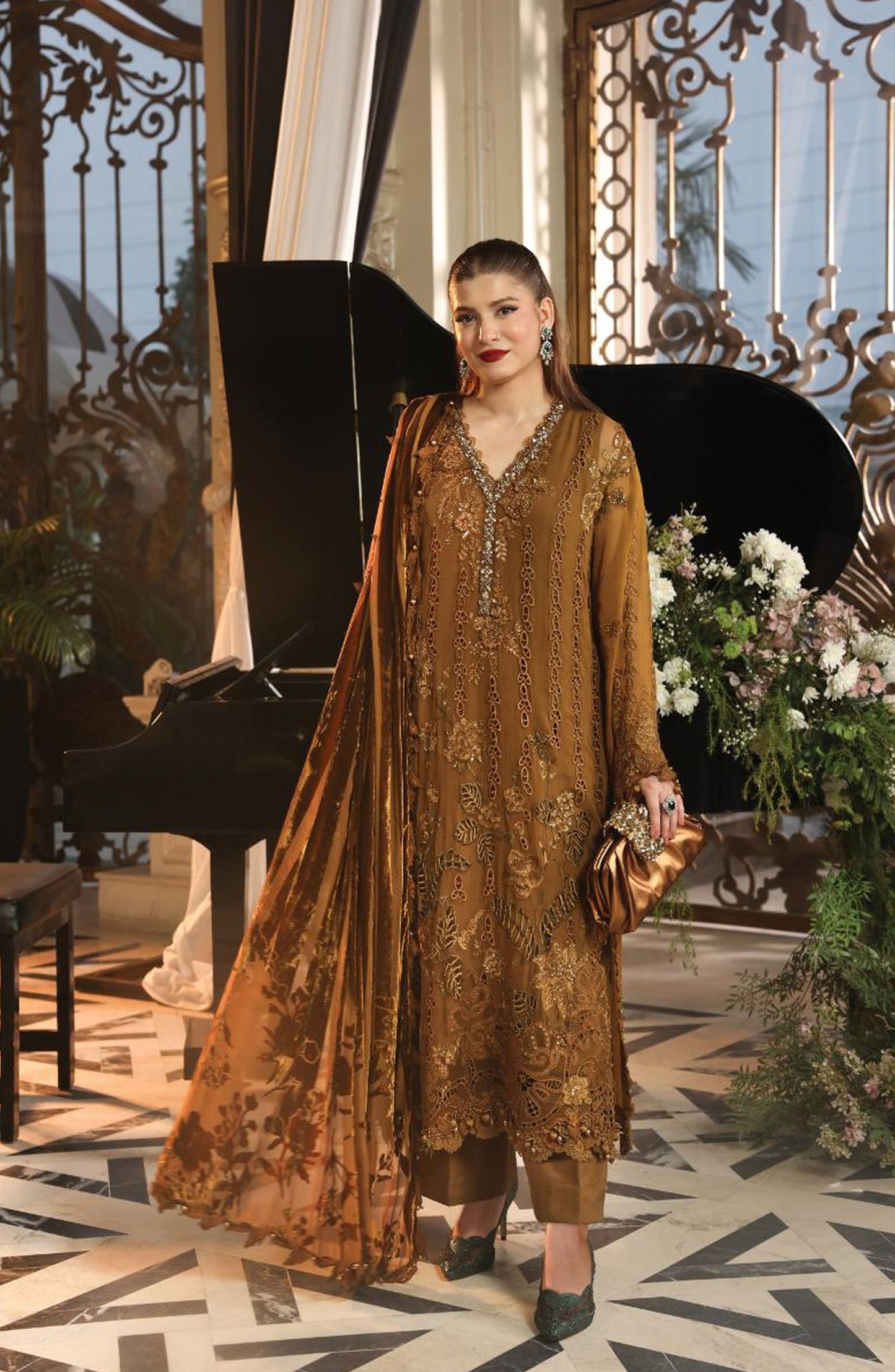Maria B Embroidered Chiffon Unstitched 3 Piece Suit - D5 - MB26HNS - Brown - Festive Collection