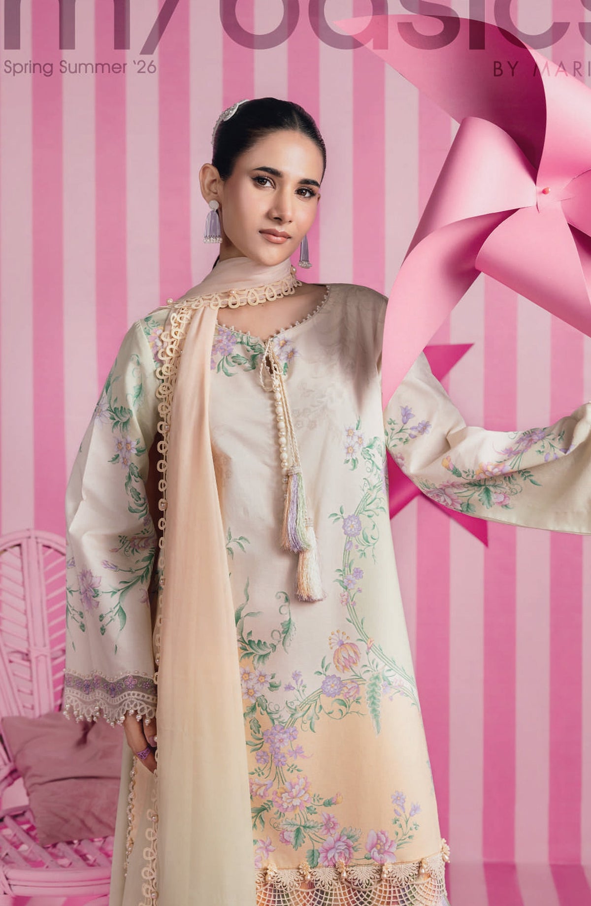Maria B MBasics Embroidered Lawn Unstitched 3 Piece Suit - MB-CUSV13-07-A - MAB26BS - Cream - Spring Summer Collection