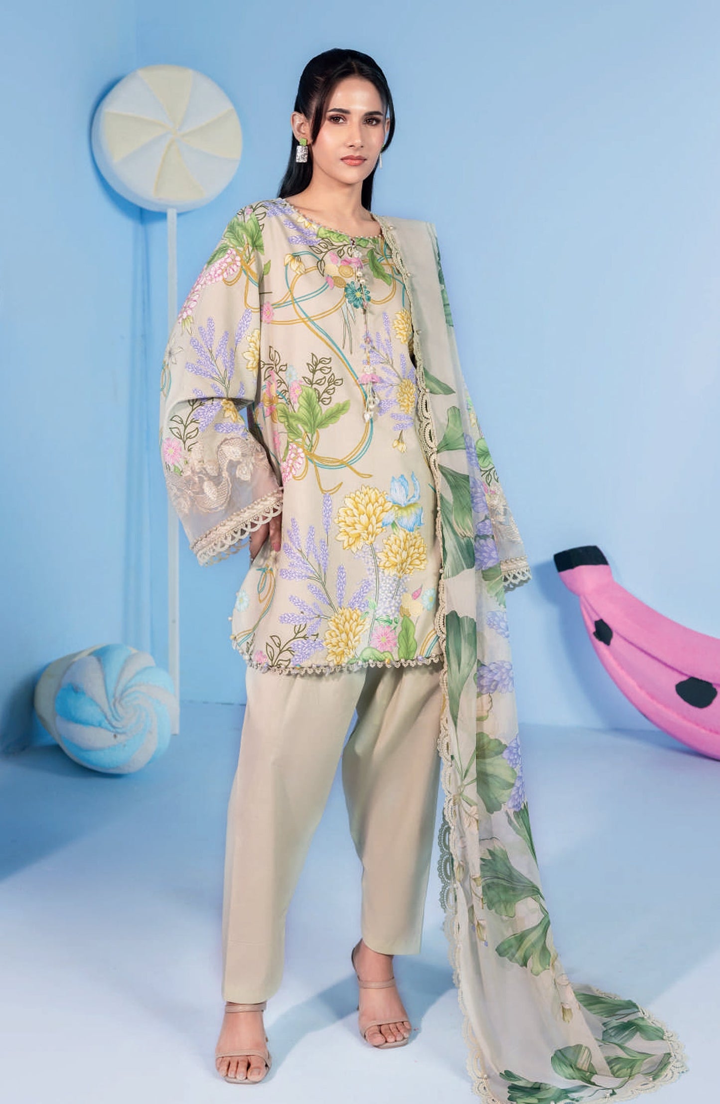 Maria B MBasics Embroidered Lawn Unstitched 3 Piece Suit - MB-CUSV13-13-A - MAB26BS - Beige - Spring Summer Collection