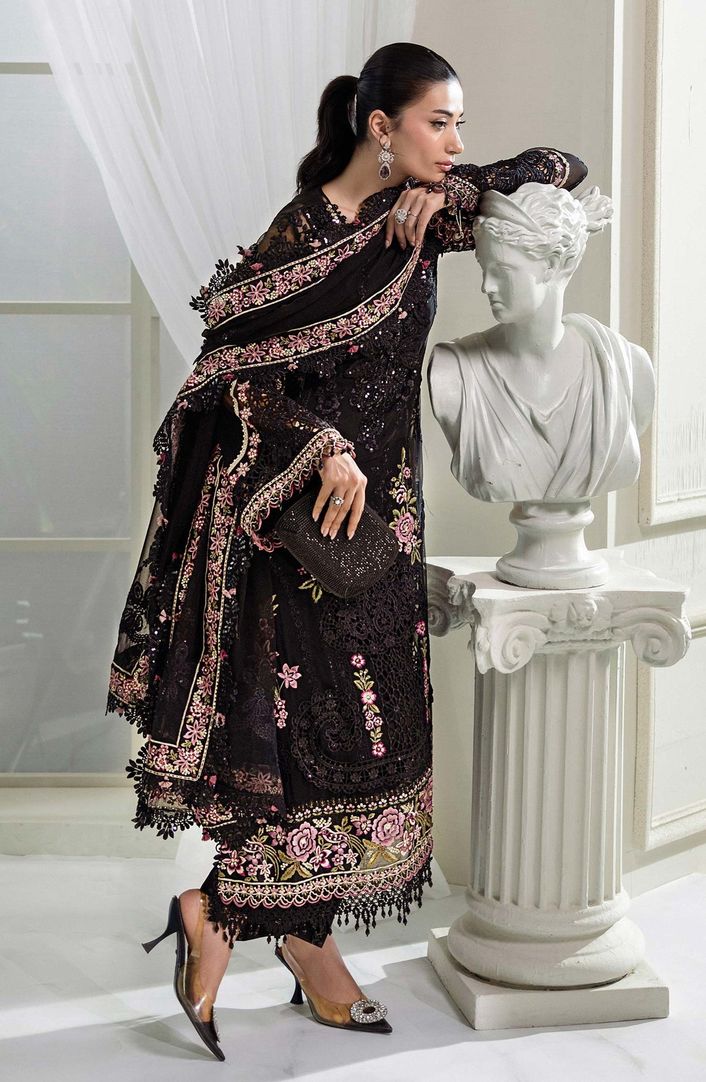 Maria B Embroidered Luxury Chiffon Unstitched 3 Piece Suit - MPC-25-104-Black - MB25UCH - Luxury Collection