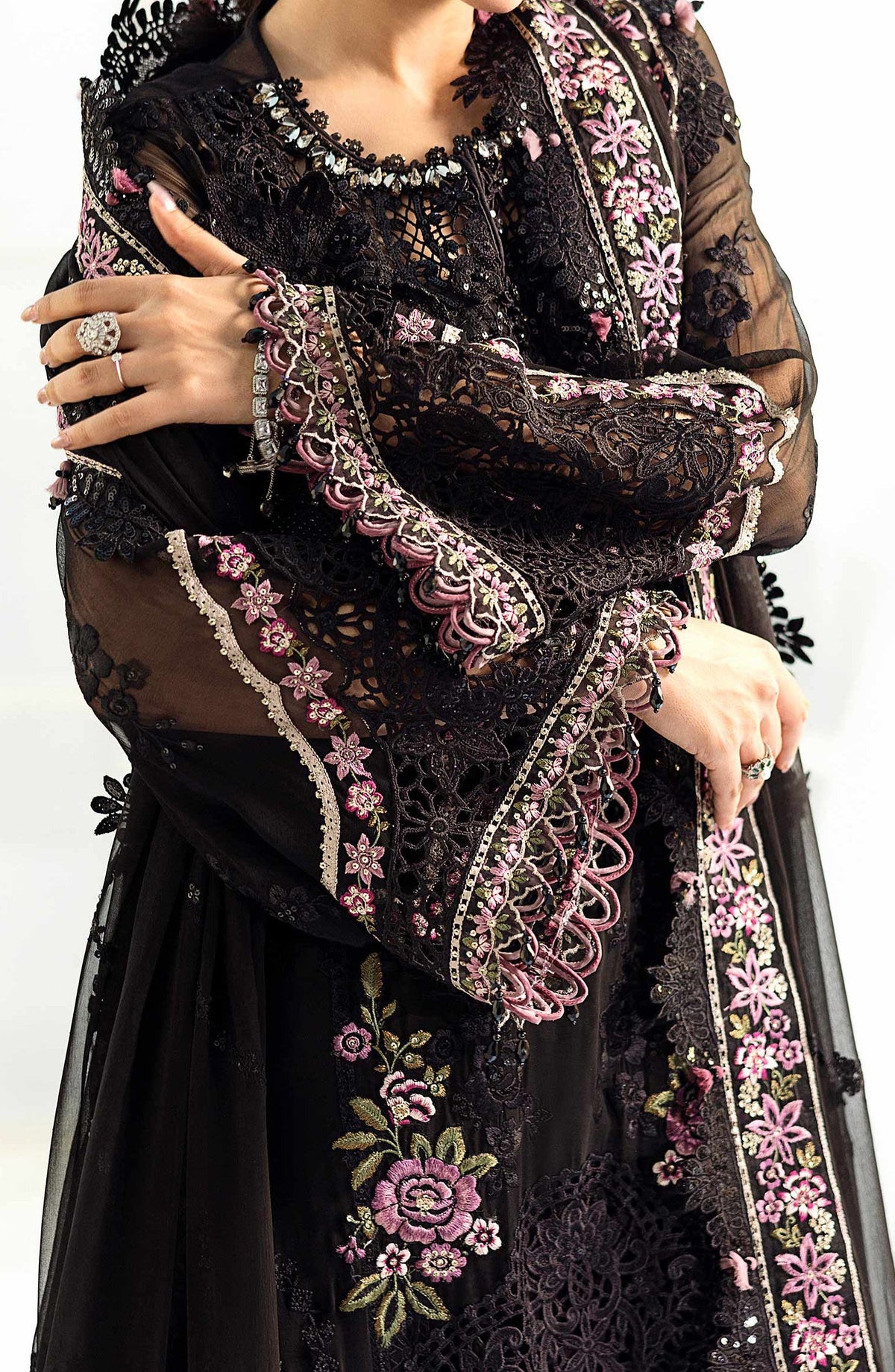 Maria B Embroidered Luxury Chiffon Unstitched 3 Piece Suit - MPC-25-104-Black - MB25UCH - Luxury Collection
