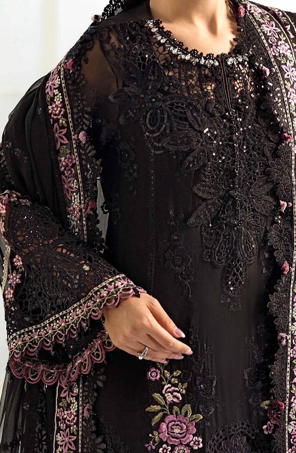Maria B Embroidered Luxury Chiffon Unstitched 3 Piece Suit - MPC-25-104-Black - MB25UCH - Luxury Collection