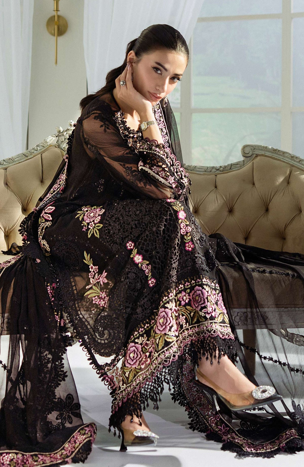 Maria B Embroidered Luxury Chiffon Unstitched 3 Piece Suit - MPC-25-104-Black - MB25UCH - Luxury Collection