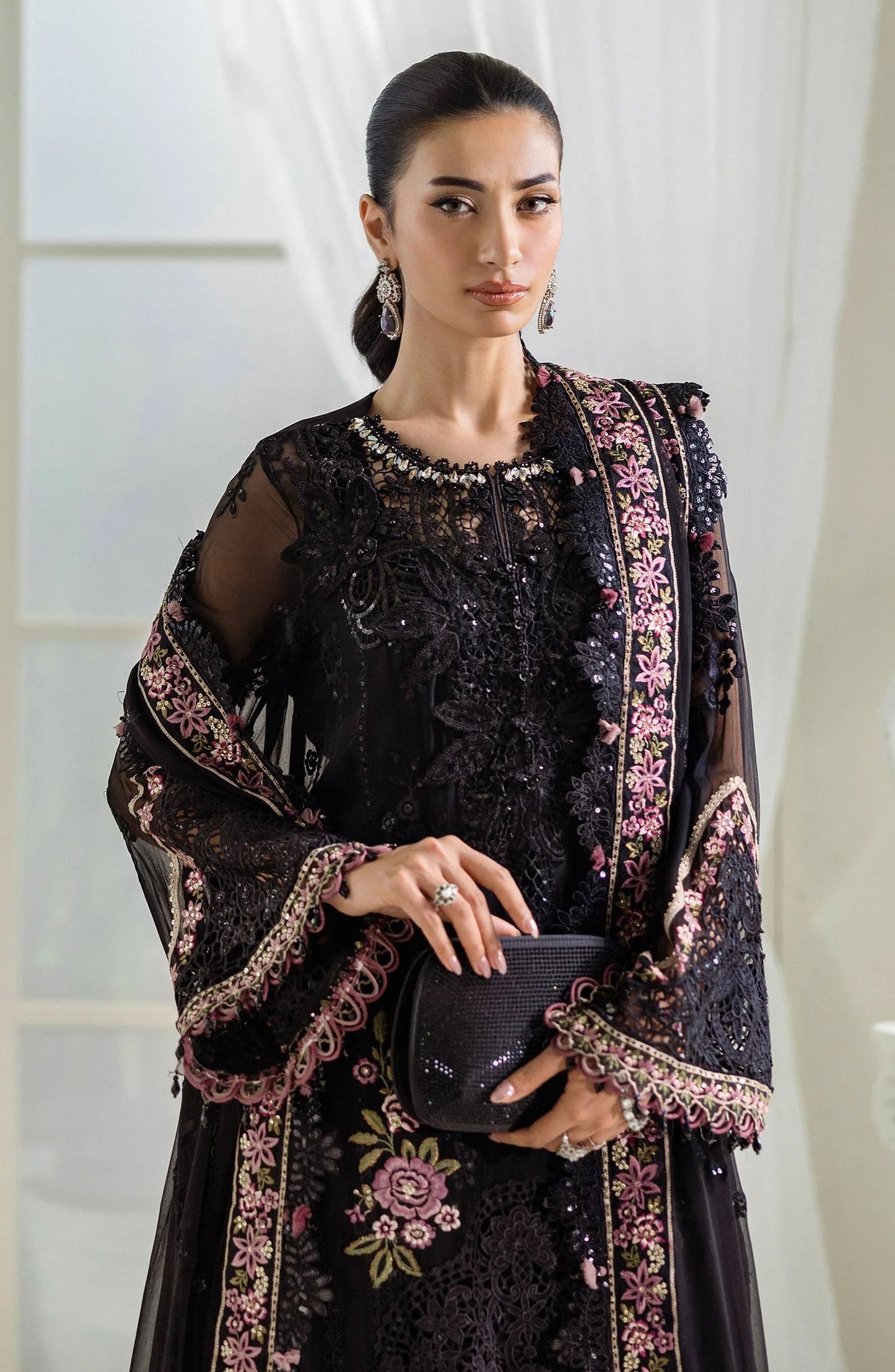Maria B Embroidered Luxury Chiffon Unstitched 3 Piece Suit - MPC-25-104-Black - MB25UCH - Luxury Collection