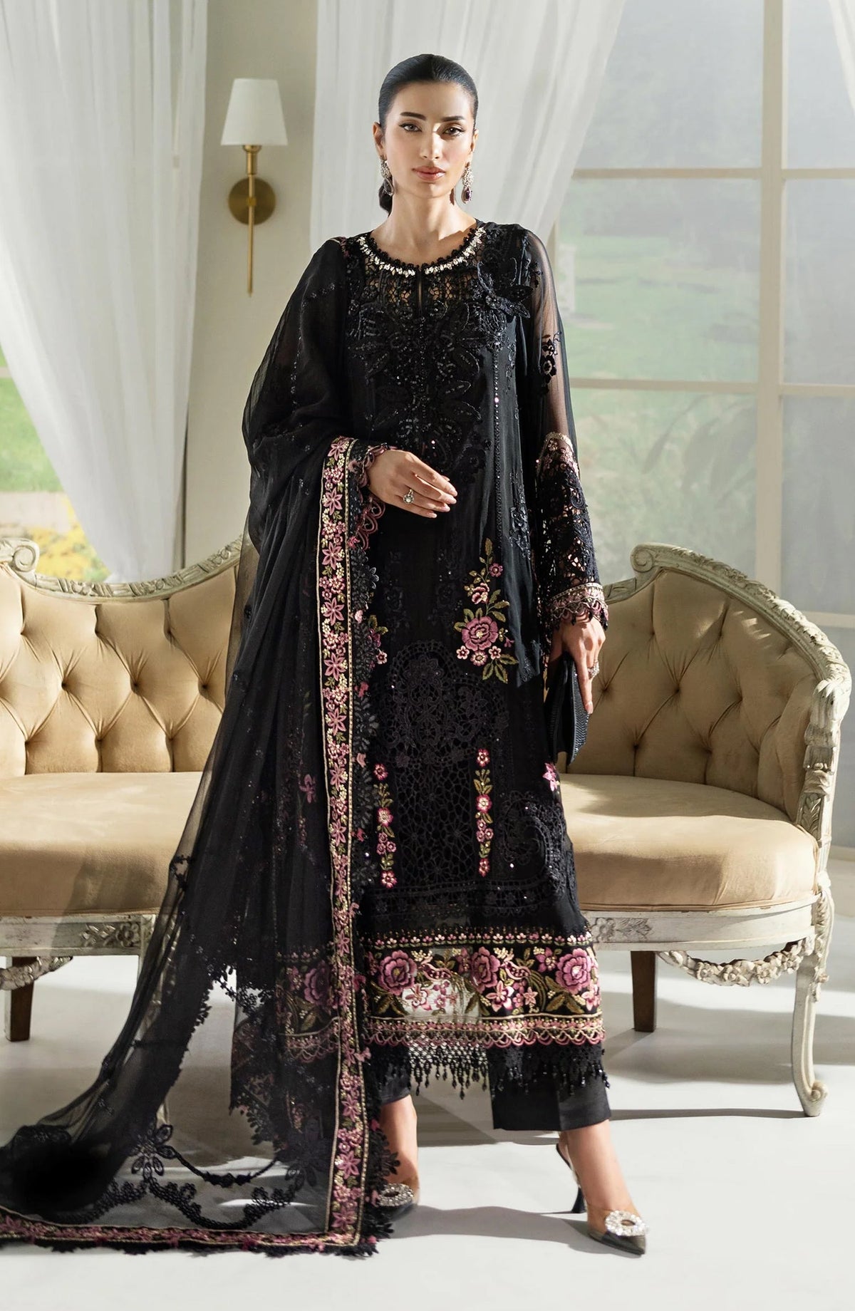 Maria B Embroidered Luxury Chiffon Unstitched 3 Piece Suit - MPC-25-104-Black - MB25UCH - Luxury Collection