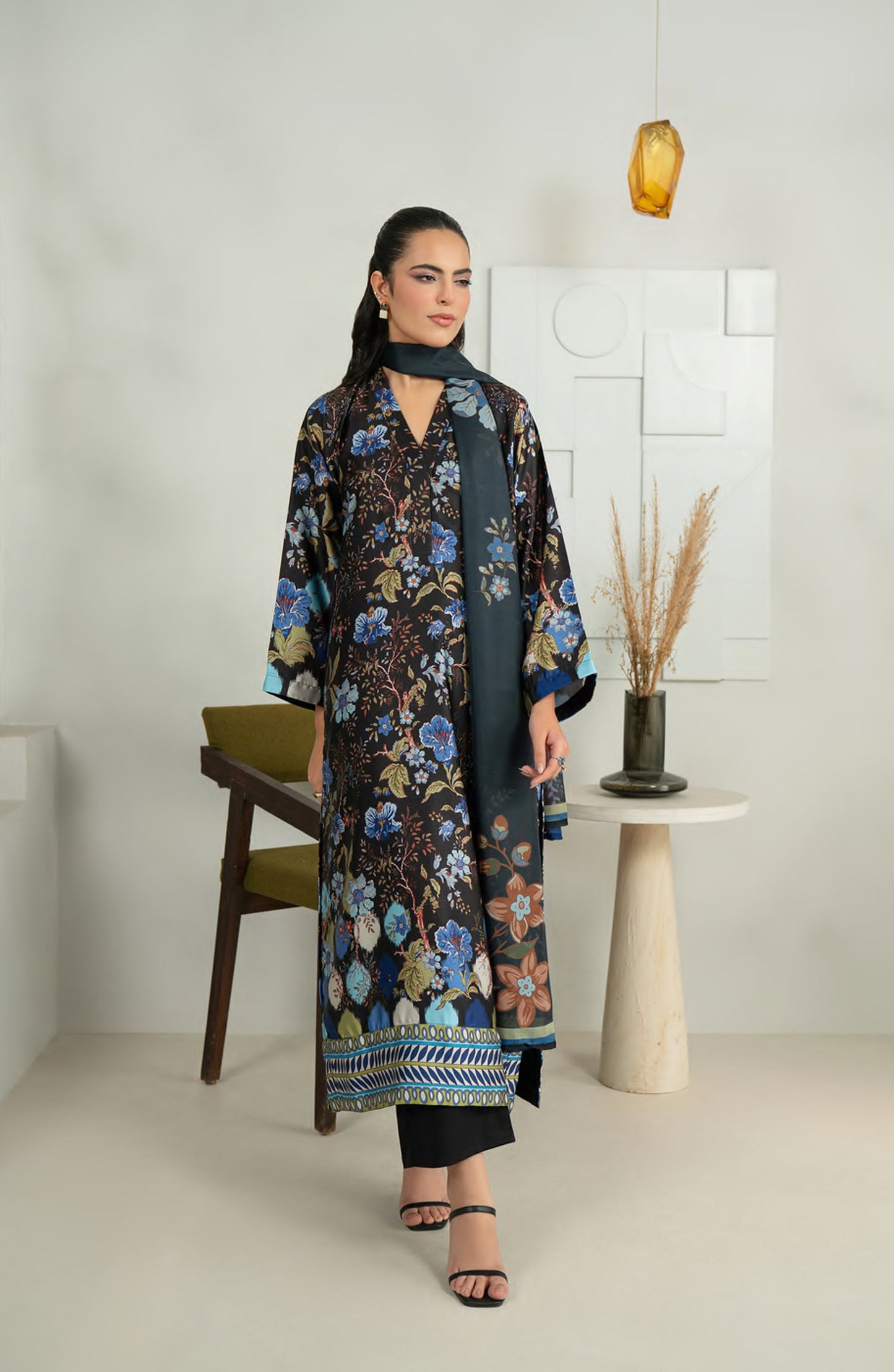 Rashid Textile Marine Luxury Printed Silk Unstitched 3 Piece Suit - D-1010 - RSH25MR - Black - Winter Collection