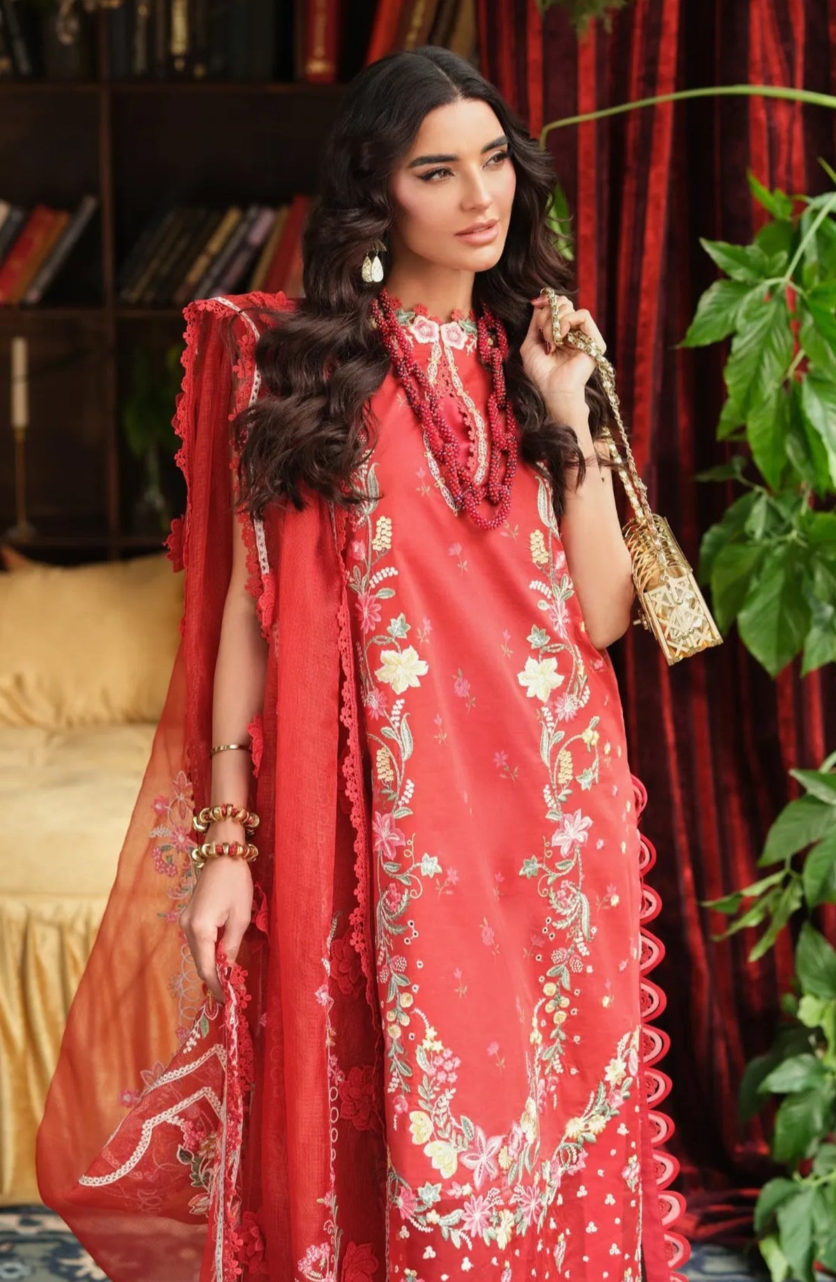 Maryam Hussain Embroidered Lawn Unstitched 3 Piece Suit - Crimson - MRH26LW - Red - Luxury Summer Collection