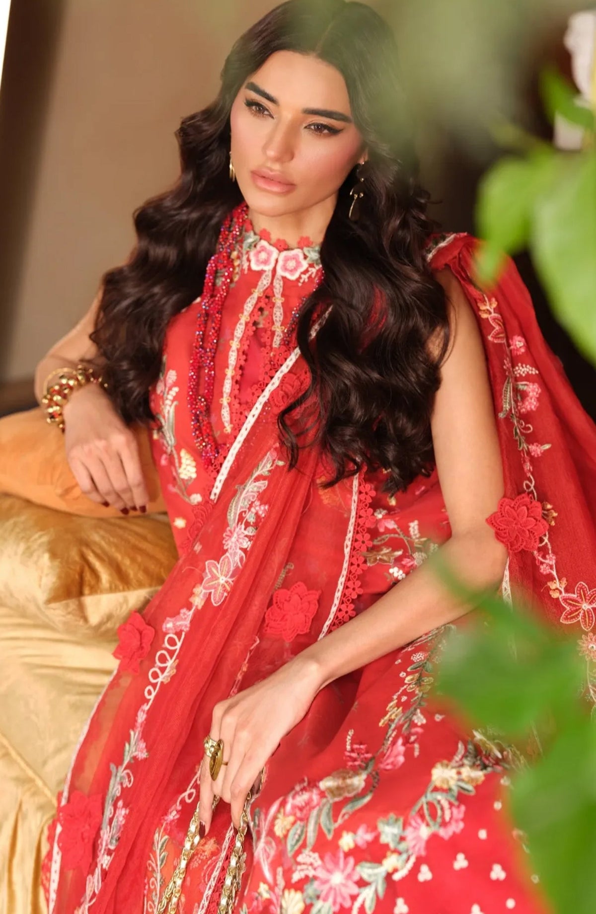 Maryam Hussain Embroidered Lawn Unstitched 3 Piece Suit - Crimson - MRH26LW - Red - Luxury Summer Collection