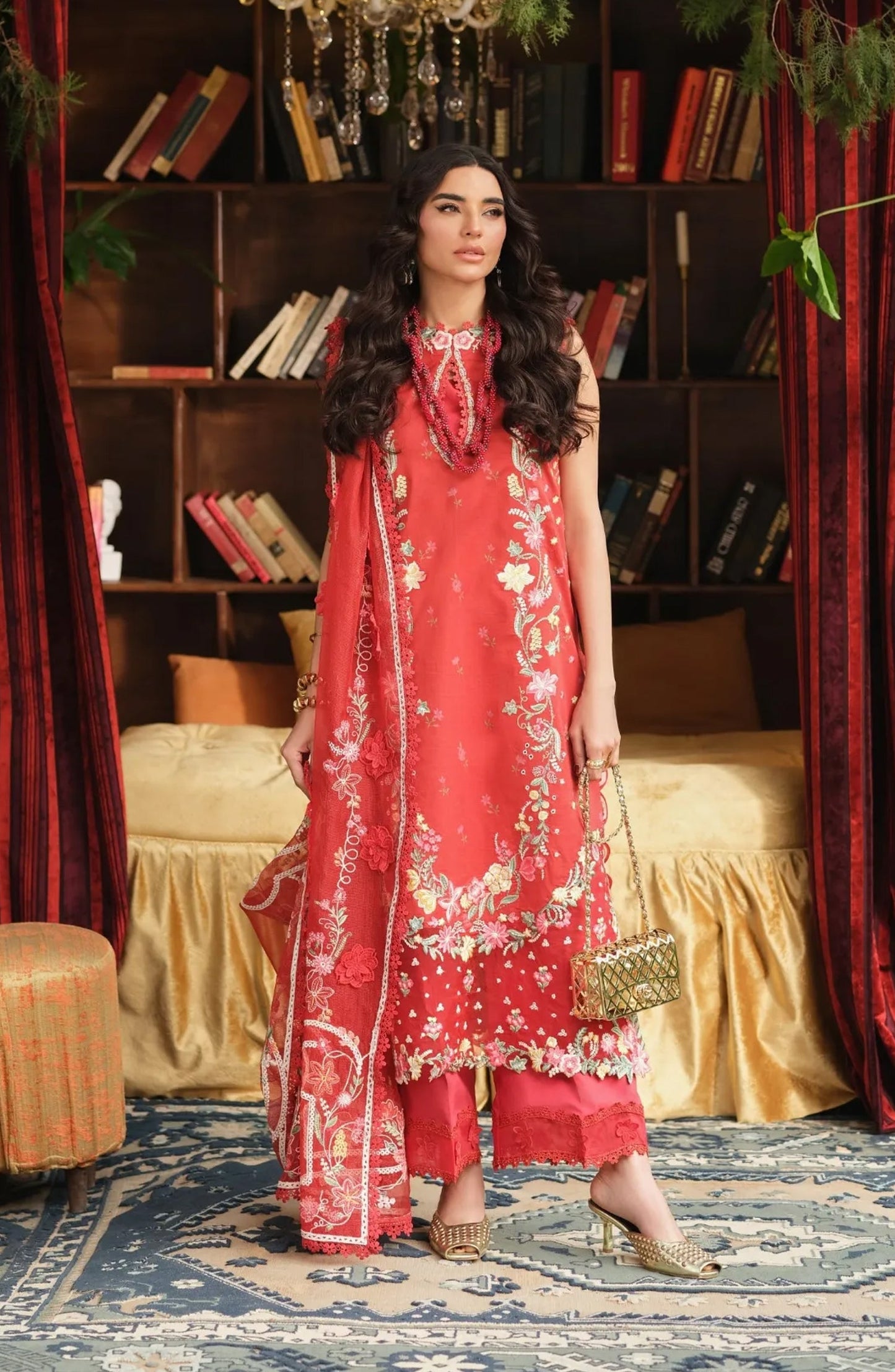 Maryam Hussain Embroidered Lawn Unstitched 3 Piece Suit - Crimson - MRH26LW - Red - Luxury Summer Collection