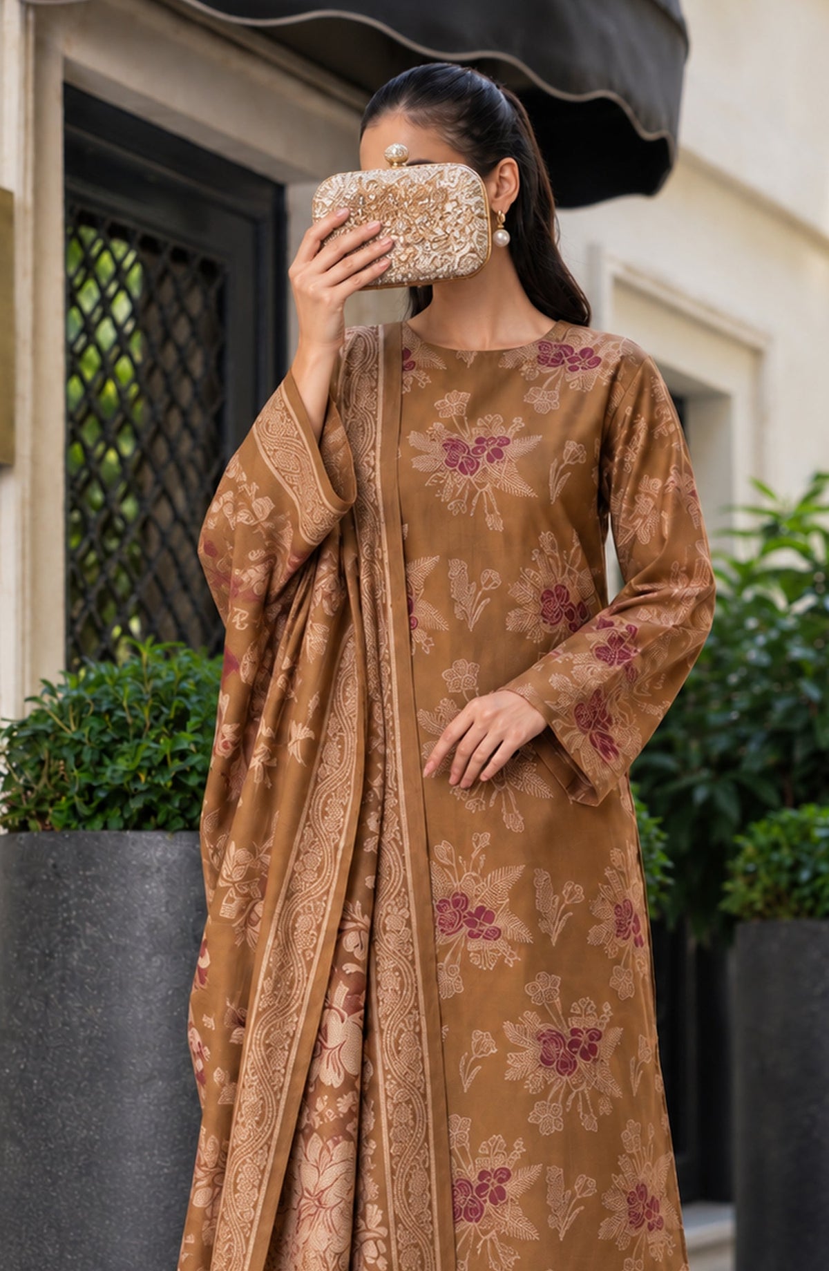 Maryum Maniya by Amna Khadija Broshia Banarsi Cotton Unstitched 3 Piece Suit - AKMM-02 - AM26NYI - Brown - Winter Collection
