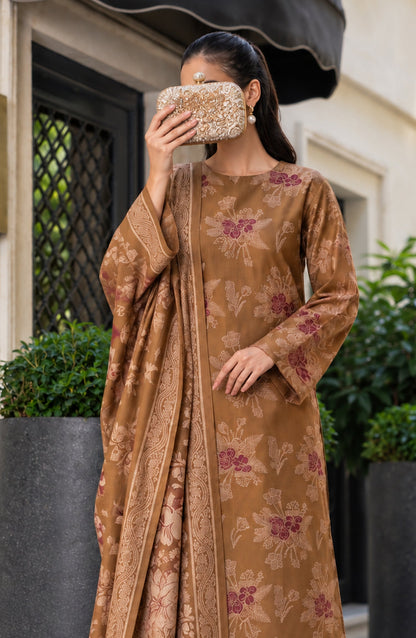 Maryum Maniya by Amna Khadija Broshia Banarsi Cotton Unstitched 3 Piece Suit - AKMM-02 - AM26NYI - Brown - Winter Collection