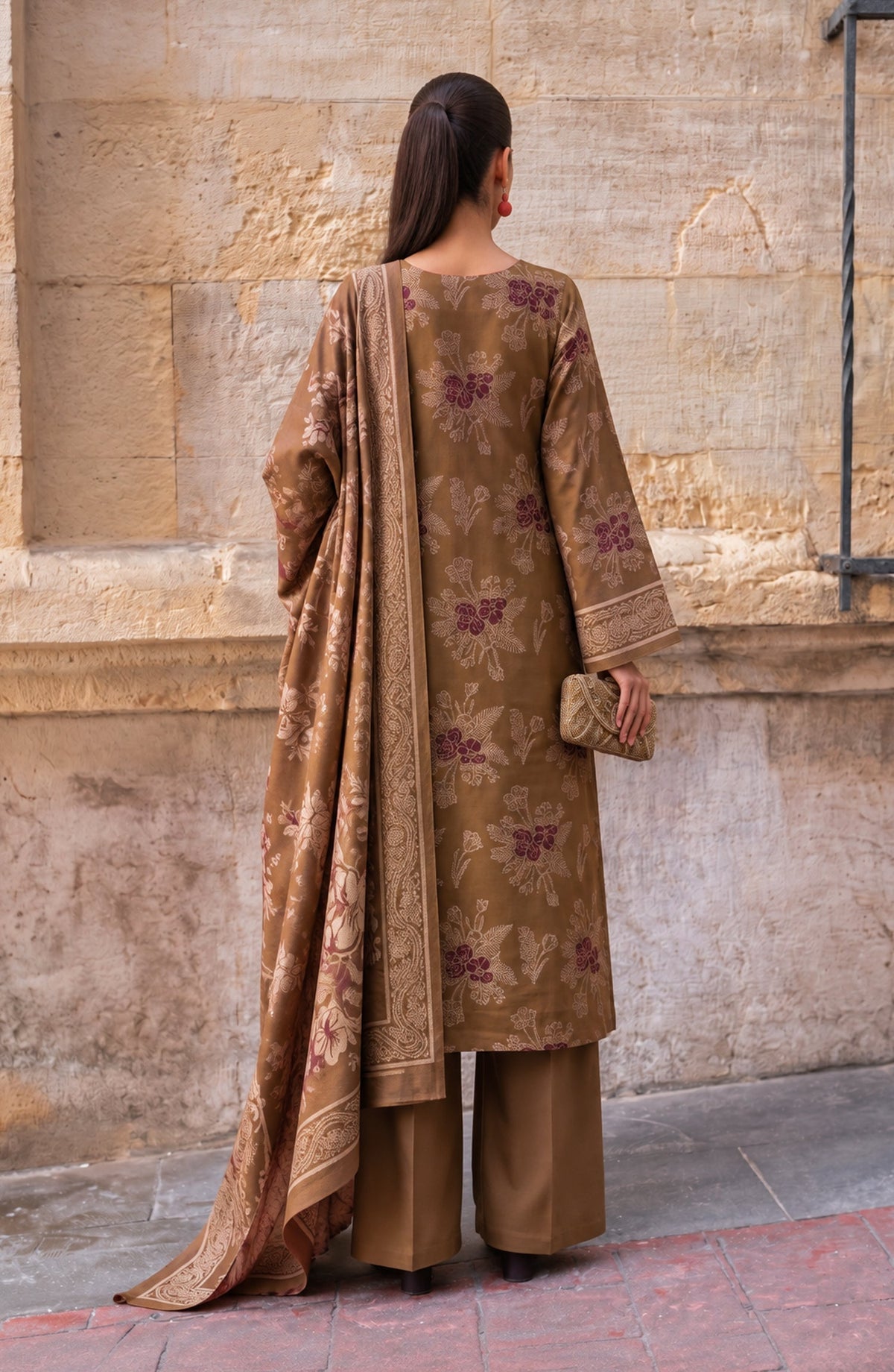 Maryum Maniya by Amna Khadija Broshia Banarsi Cotton Unstitched 3 Piece Suit - AKMM-02 - AM26NYI - Brown - Winter Collection