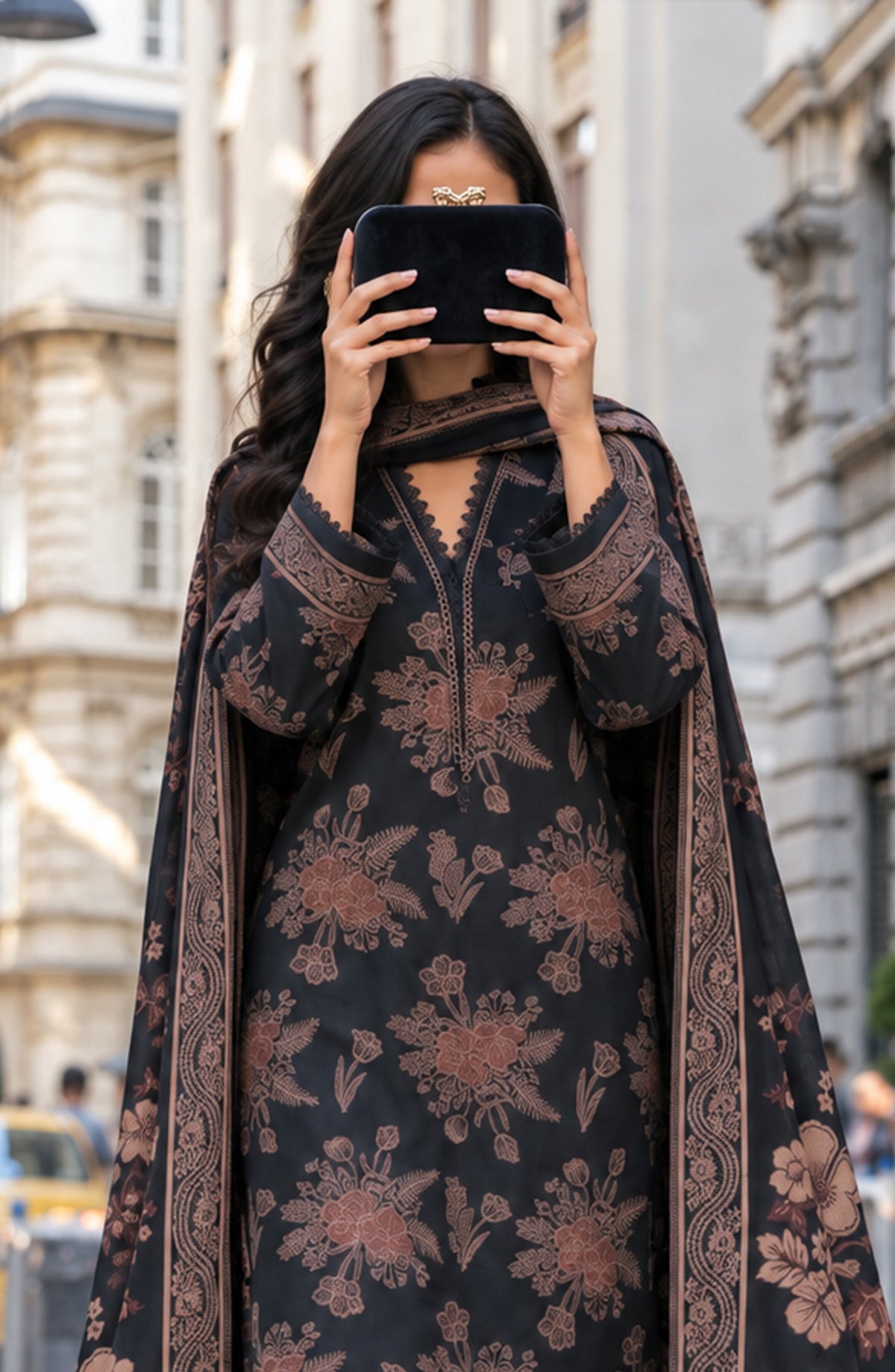 Maryum Maniya by Amna Khadija Broshia Banarsi Cotton Unstitched 3 Piece Suit - AKMM-04 - AM26NYI - Black - Winter Collection