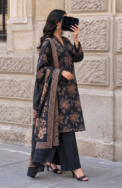 Maryum Maniya by Amna Khadija Broshia Banarsi Cotton Unstitched 3 Piece Suit - AKMM-04 - AM26NYI - Black - Winter Collection