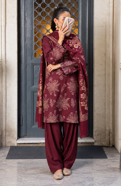 Maryum Maniya by Amna Khadija Broshia Banarsi Cotton Unstitched 3 Piece Suit - AKMM-06 - AM26NYI - Maroon - Winter Collection