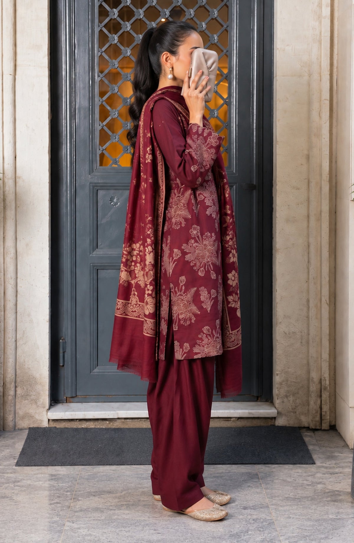 Maryum Maniya by Amna Khadija Broshia Banarsi Cotton Unstitched 3 Piece Suit - AKMM-06 - AM26NYI - Maroon - Winter Collection